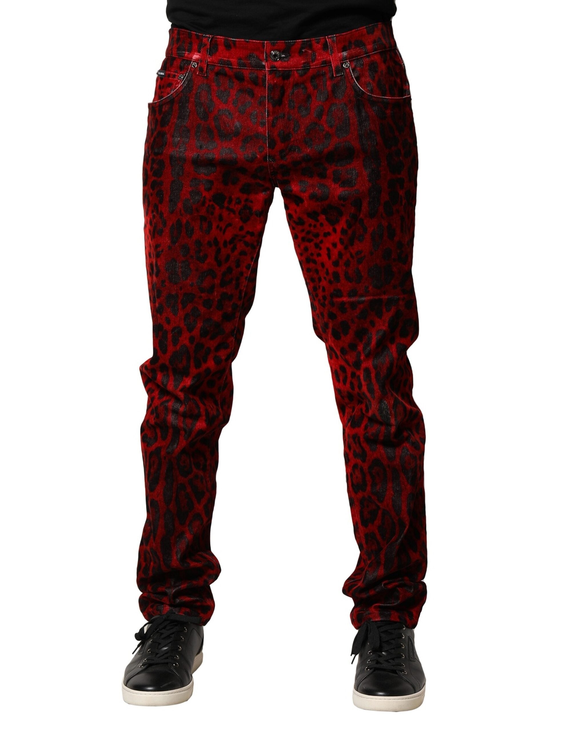 Dolce & Gabbana Red Leopard Print Cotton Skinny Denim Men's Jeans (Pre-Owned)