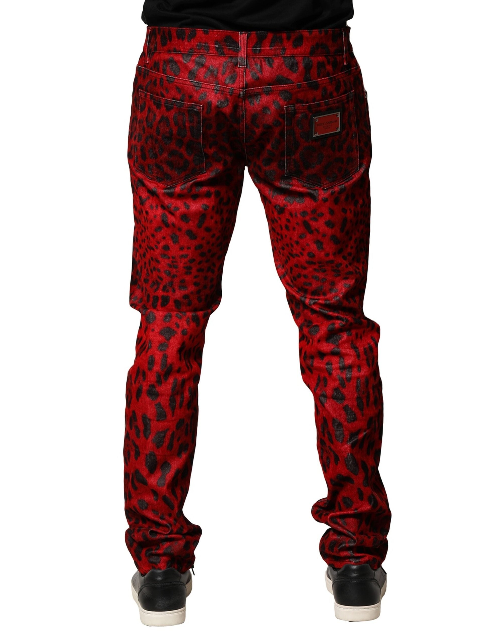 Dolce & Gabbana Red Leopard Print Cotton Skinny Denim Men's Jeans (Pre-Owned)