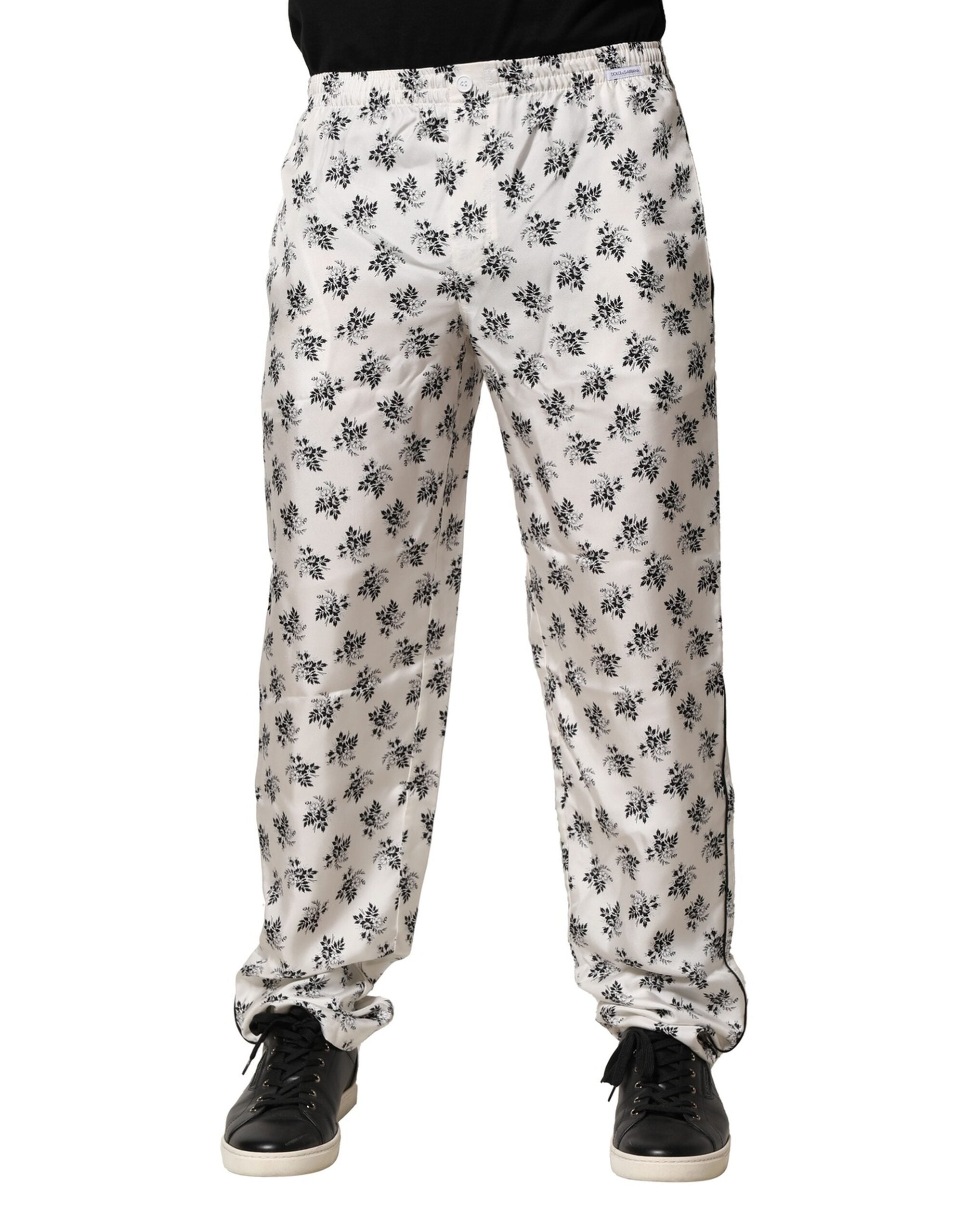 Dolce & Gabbana White Floral Silk Casual Lounge Men's Pants