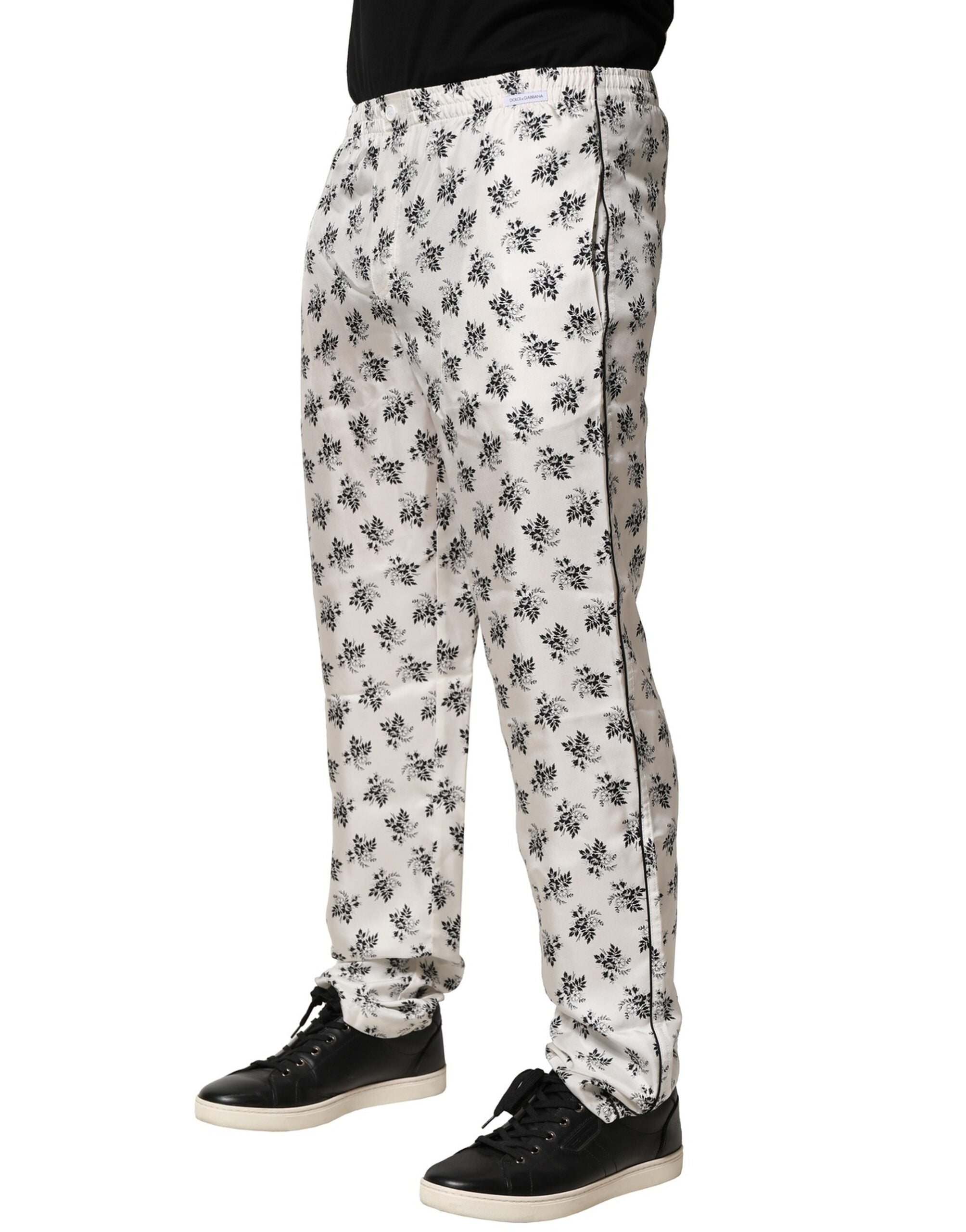 Dolce & Gabbana White Floral Silk Casual Lounge Men's Pants