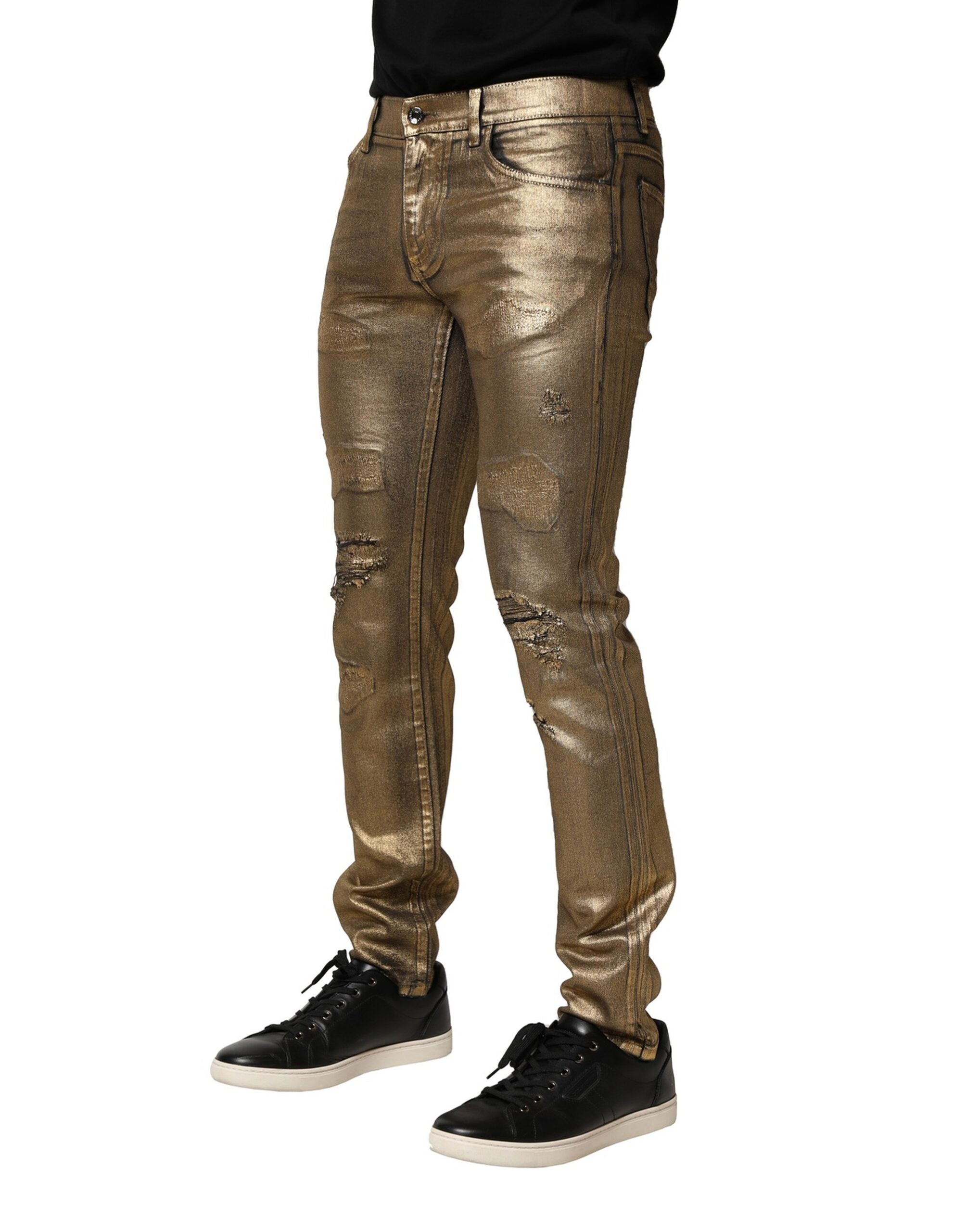Dolce & Gabbana Gold Tattered Cotton Stretch Slim Denim Men's Jeans