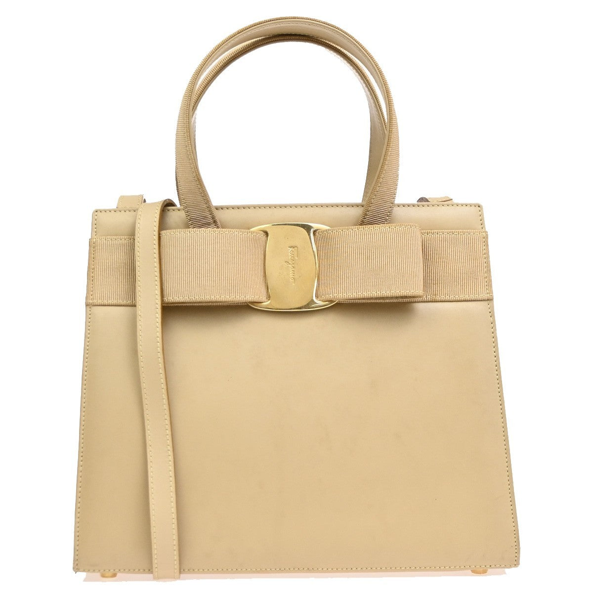 Salvatore Ferragamo Convertible Vara Bow Tote Leather Beige Leather Handbag (Pre-Owned)