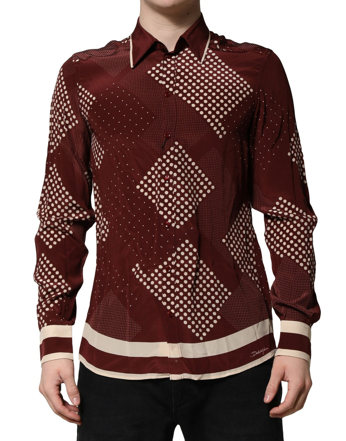 Dolce & Gabbana Maroon Dotted Silk Long Sleeve Casual Men's Shirt