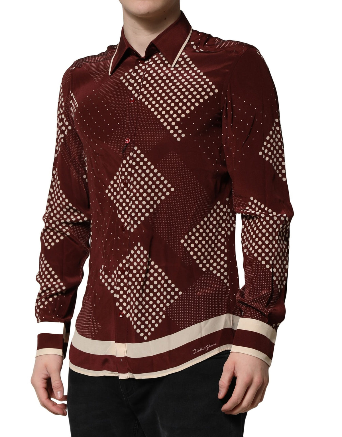 Dolce & Gabbana Maroon Dotted Silk Long Sleeve Casual Men's Shirt
