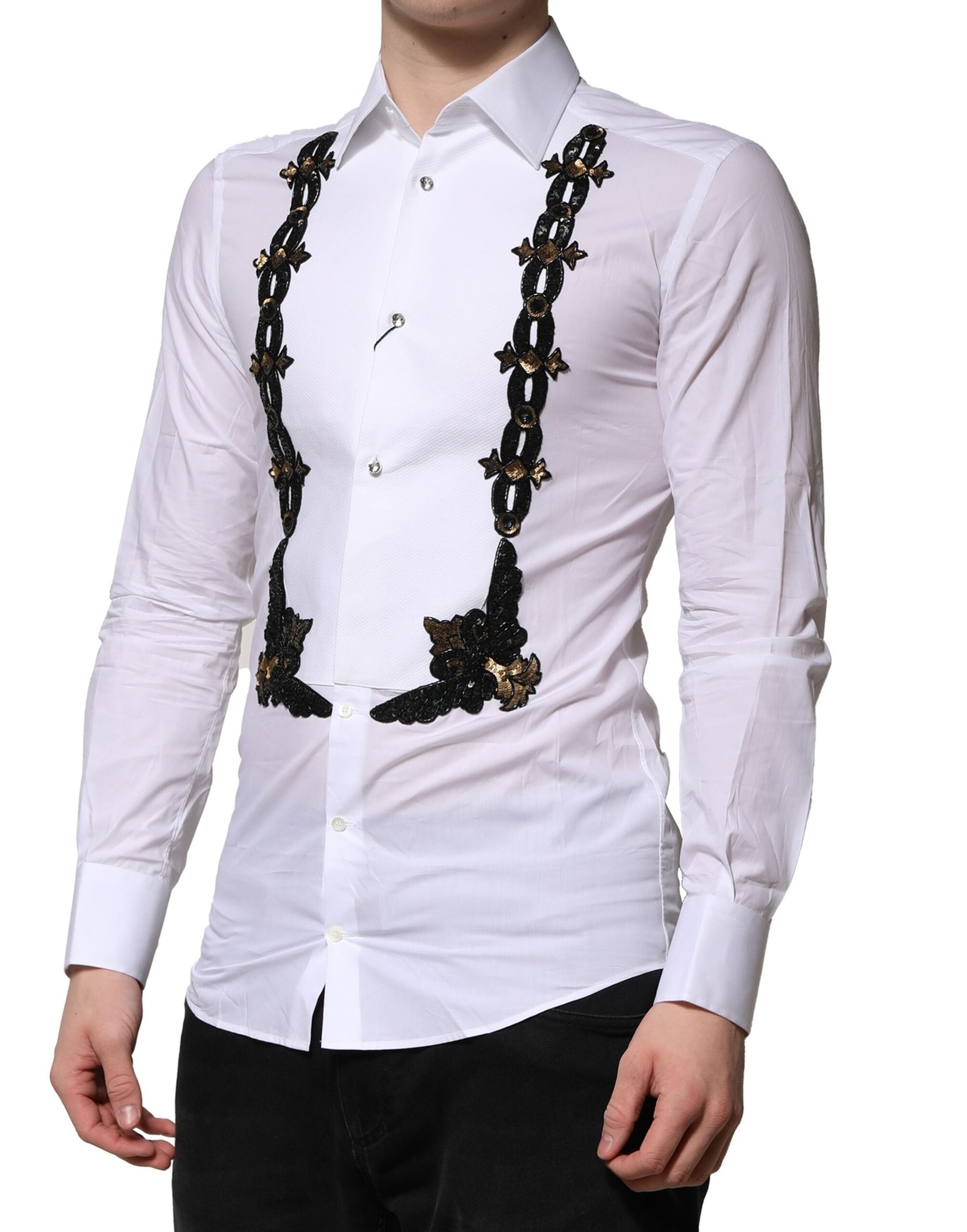 Dolce & Gabbana White GOLD Embellished Formal Men Dress Men's Shirt (Pre-Owned)