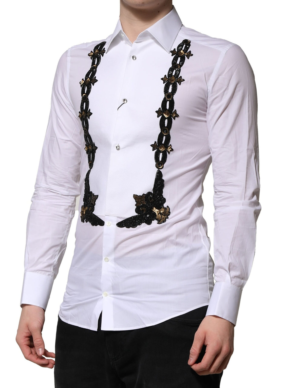 Dolce & Gabbana White GOLD Embellished Formal Men Dress Men's Shirt (Pre-Owned)