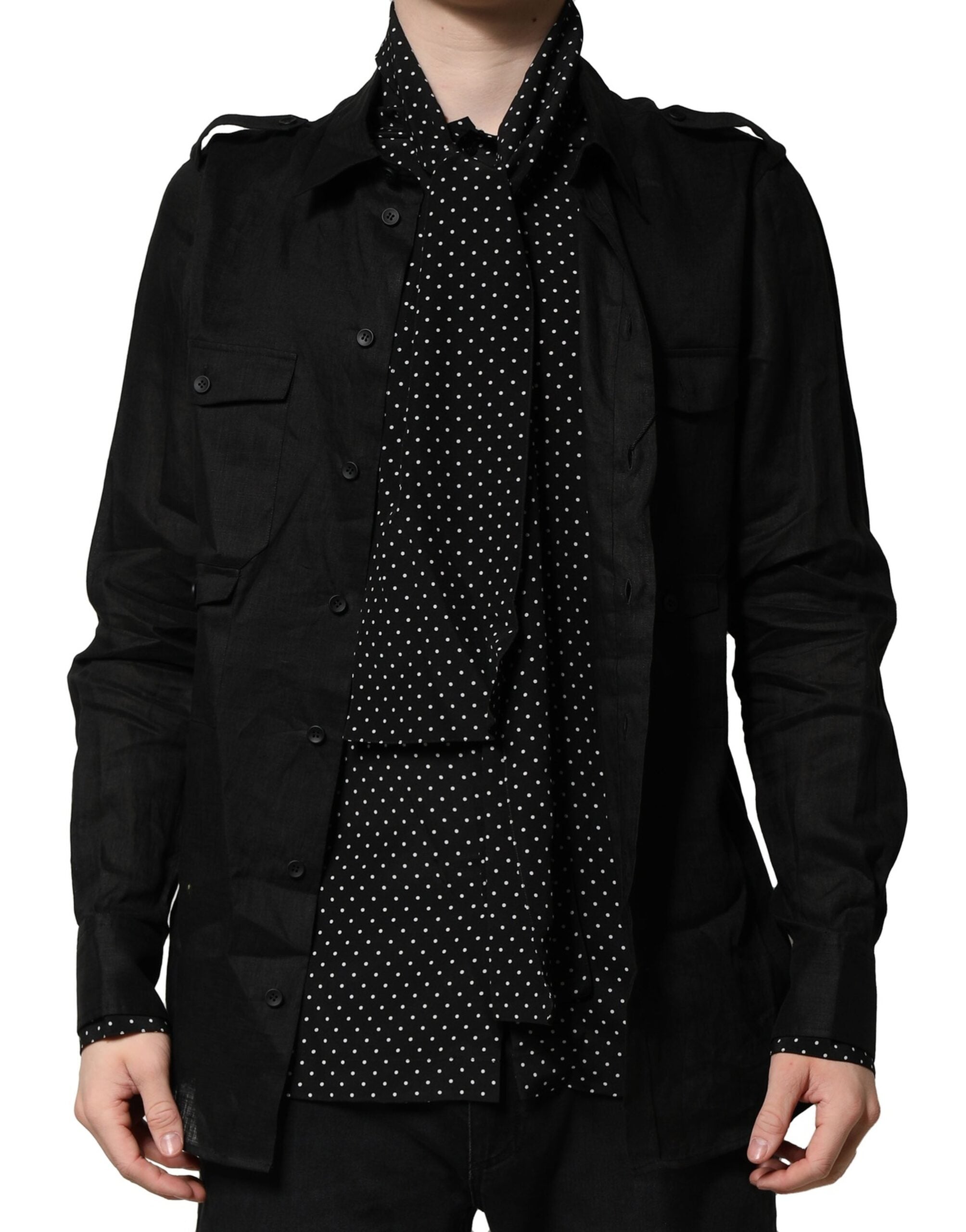 Dolce & Gabbana Black Polka Dot Collar Tie Neck Casual Men's Shirt
