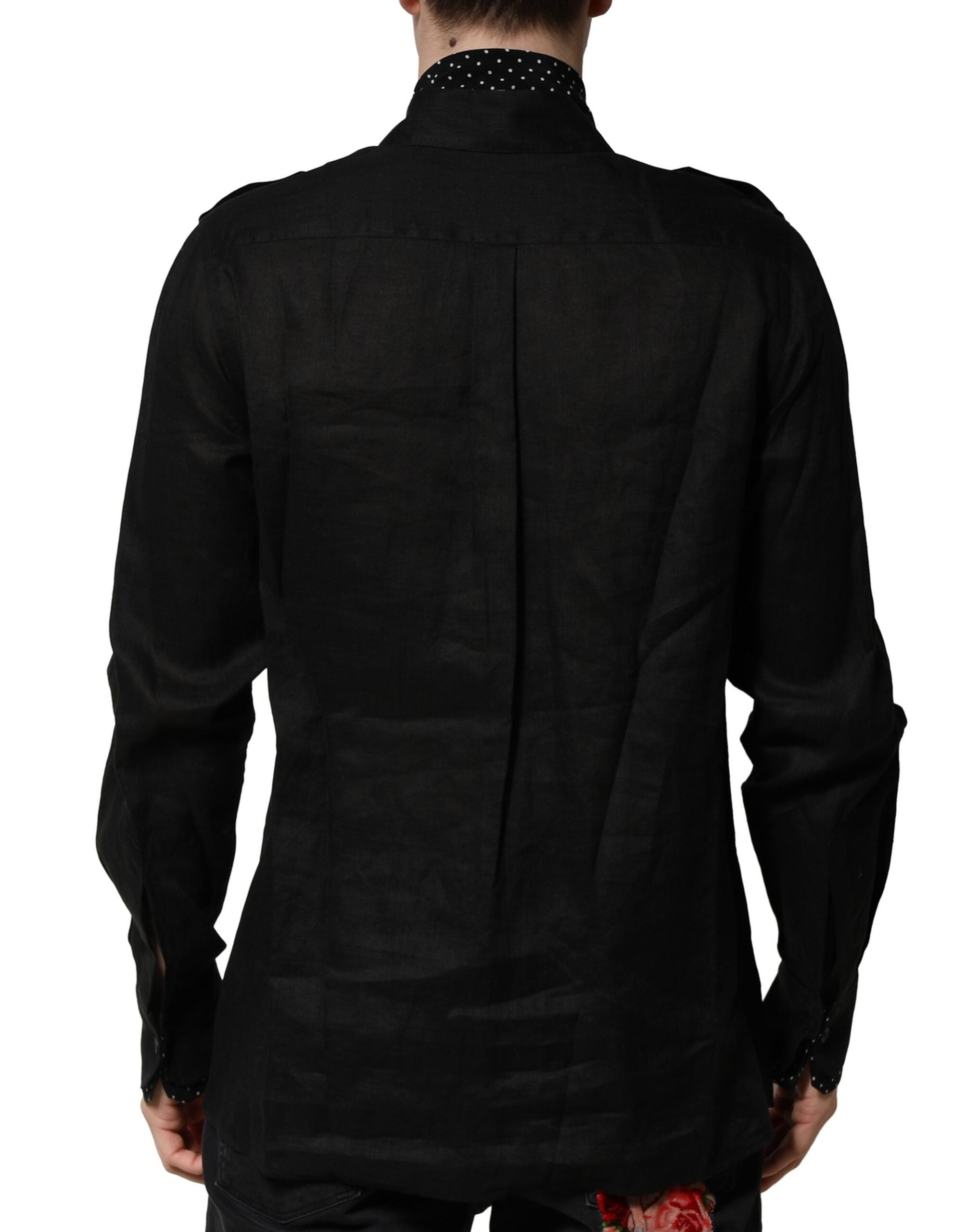 Dolce & Gabbana Black Polka Dot Collar Tie Neck Casual Men's Shirt