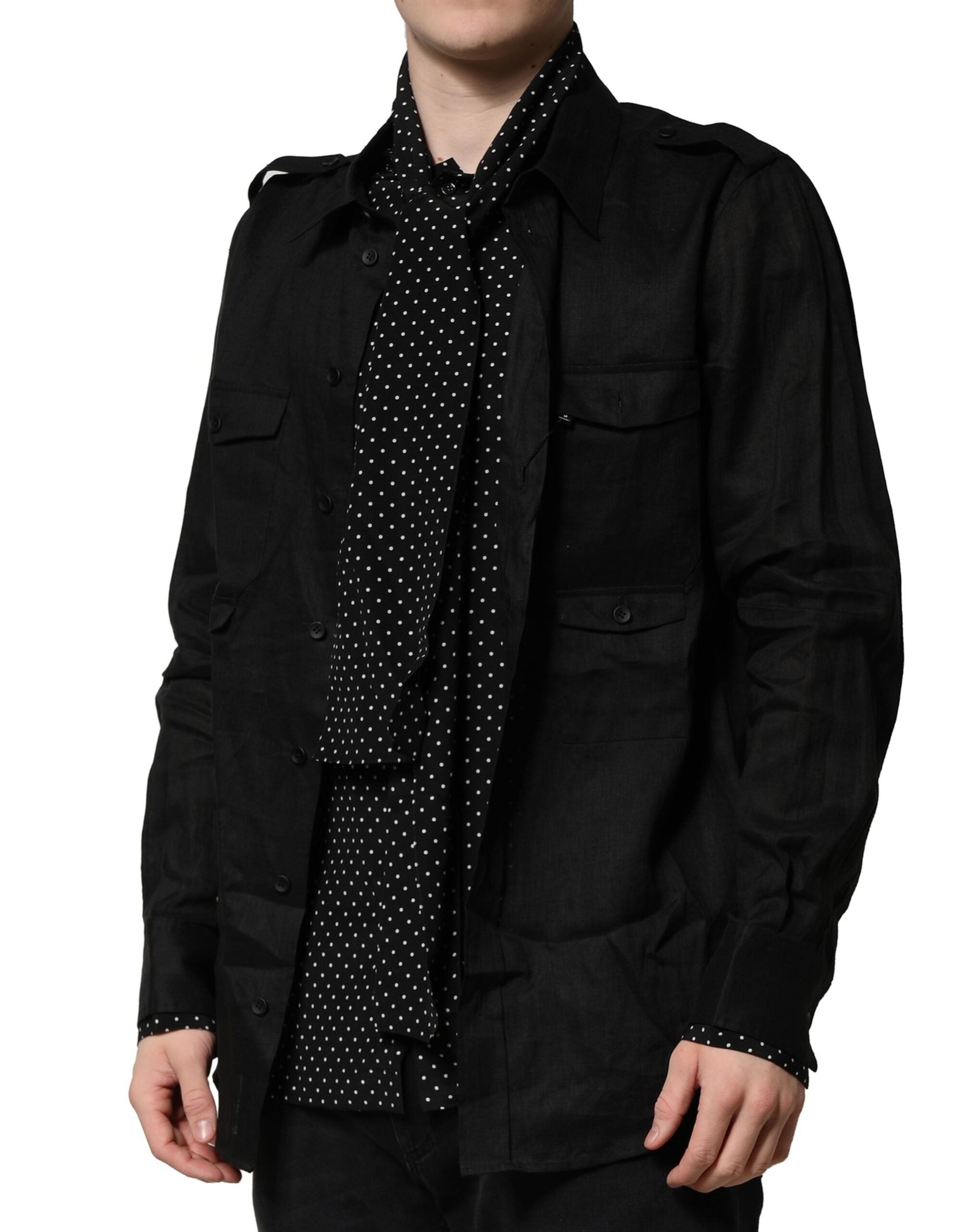 Dolce & Gabbana Black Polka Dot Collar Tie Neck Casual Men's Shirt