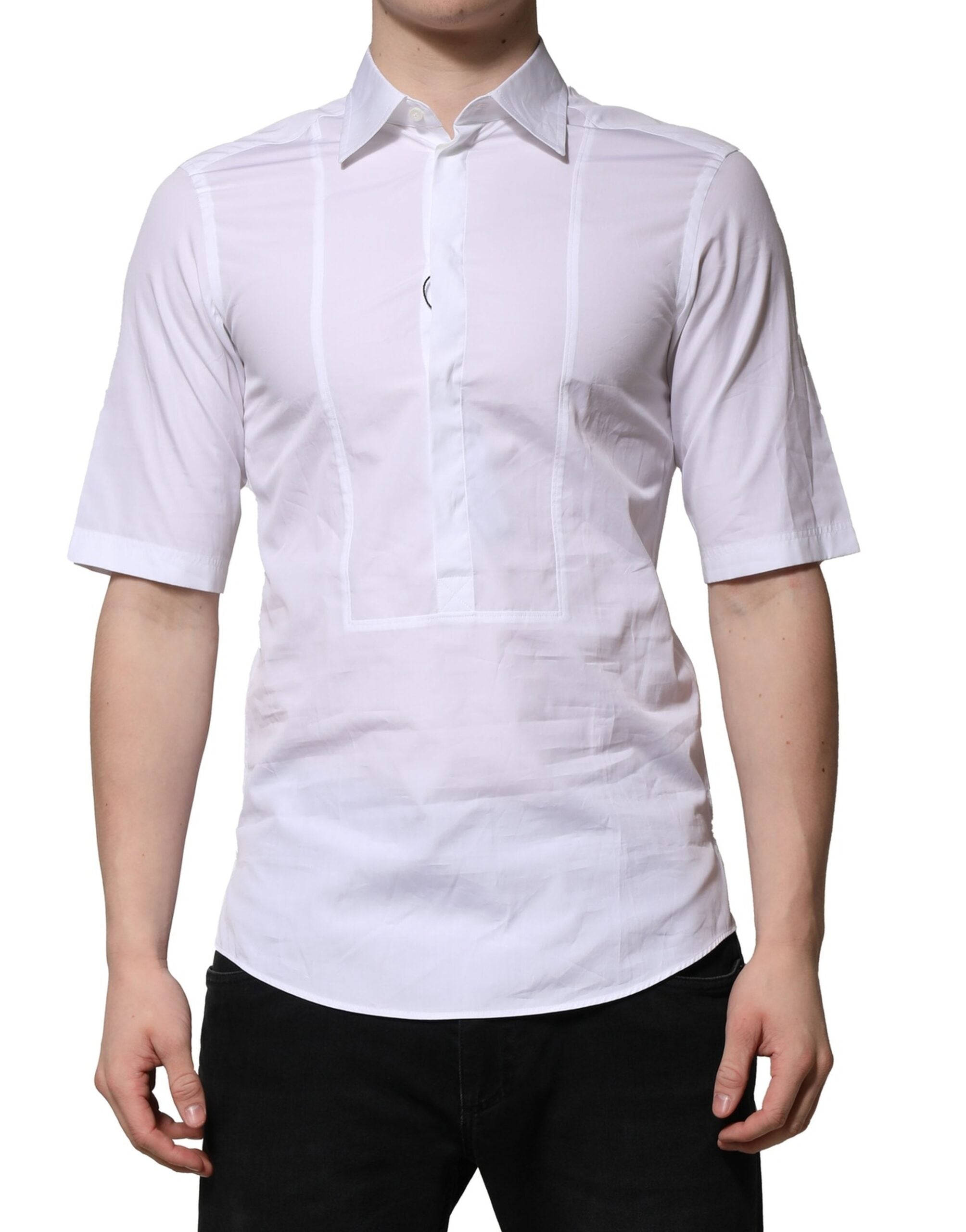 Dolce & Gabbana White Cotton Short Sleeves Dress Formal Men's Shirt (Pre-Owned)