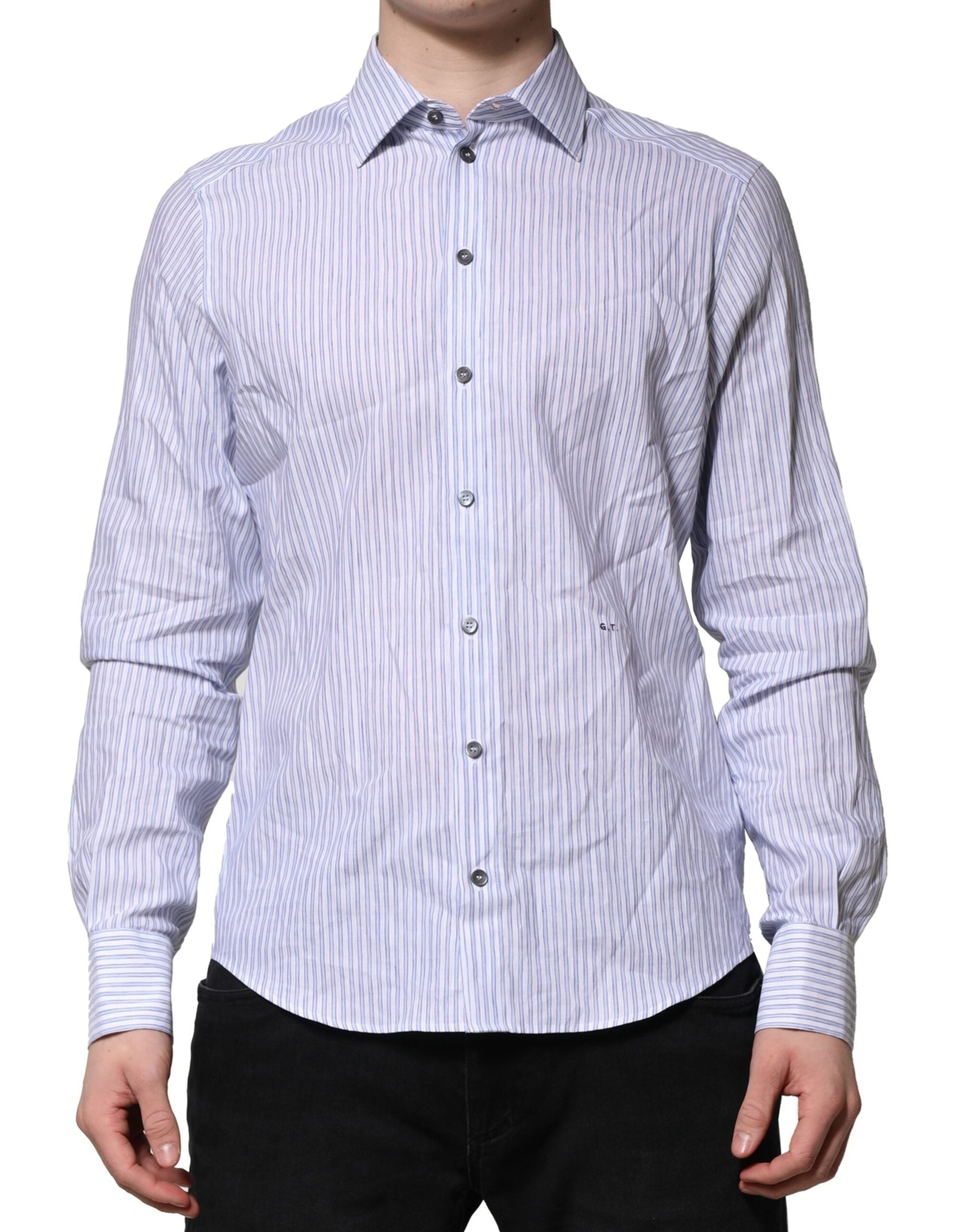 Dolce & Gabbana White Blue Striped Cotton Dress Formal Men's Shirt (Pre-Owned)