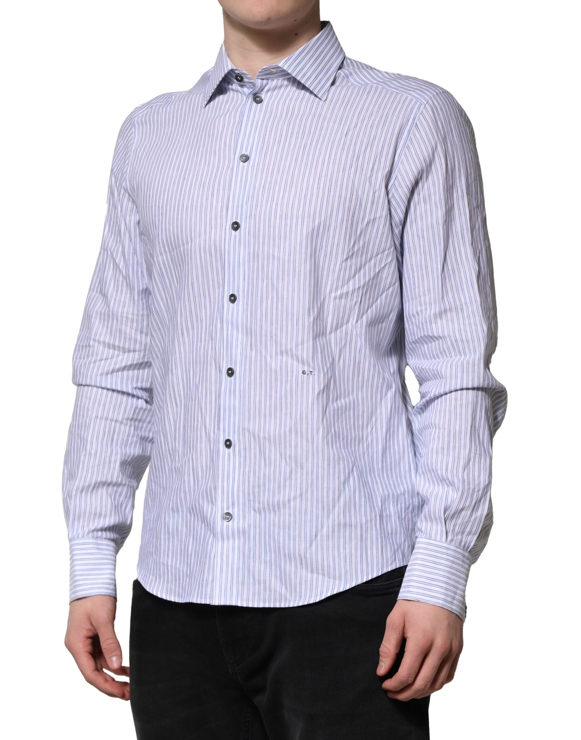 Dolce & Gabbana White Blue Striped Cotton Dress Formal Men's Shirt (Pre-Owned)