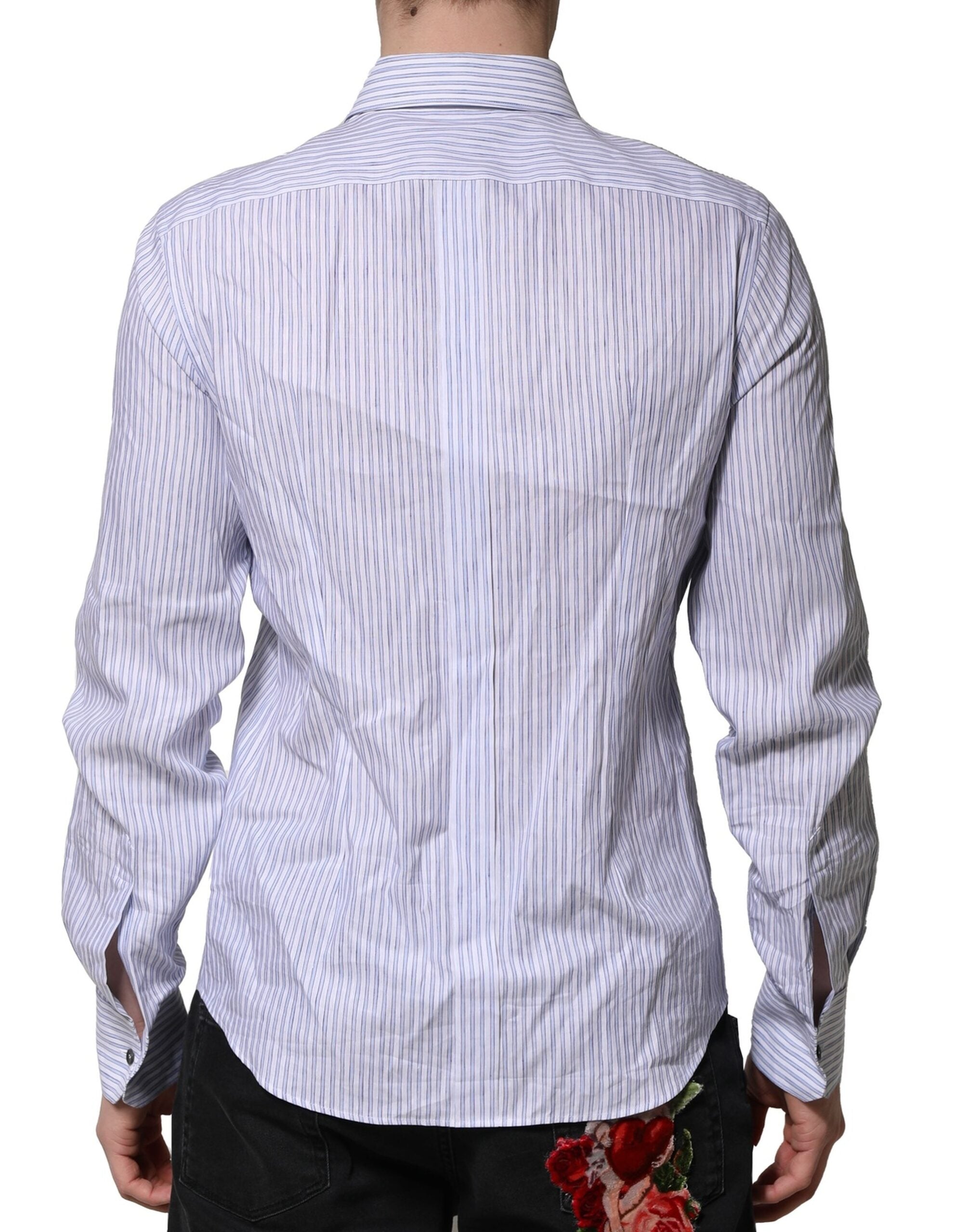 Dolce & Gabbana White Blue Striped Cotton Dress Formal Men's Shirt (Pre-Owned)