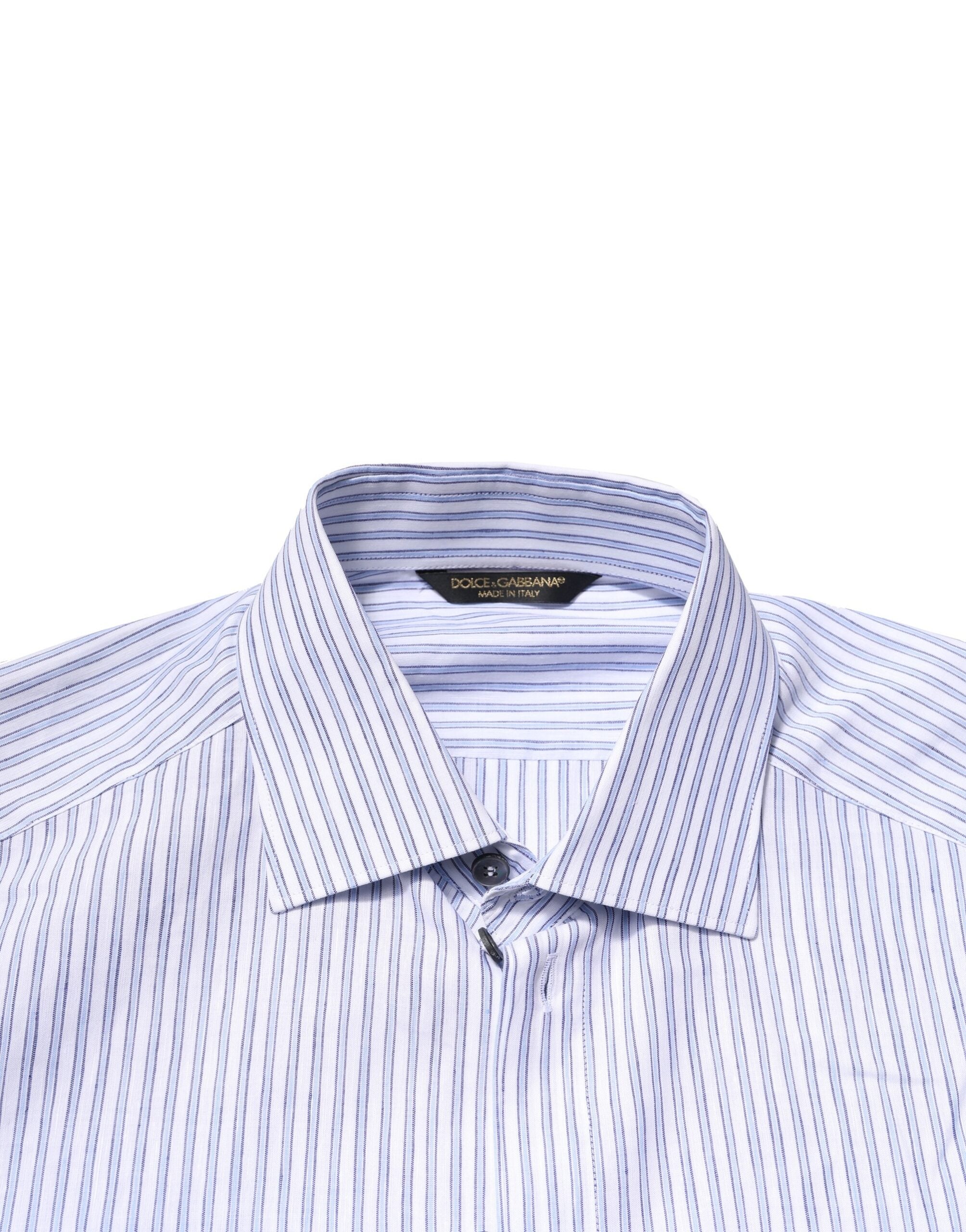 Dolce & Gabbana White Blue Striped Cotton Dress Formal Men's Shirt (Pre-Owned)
