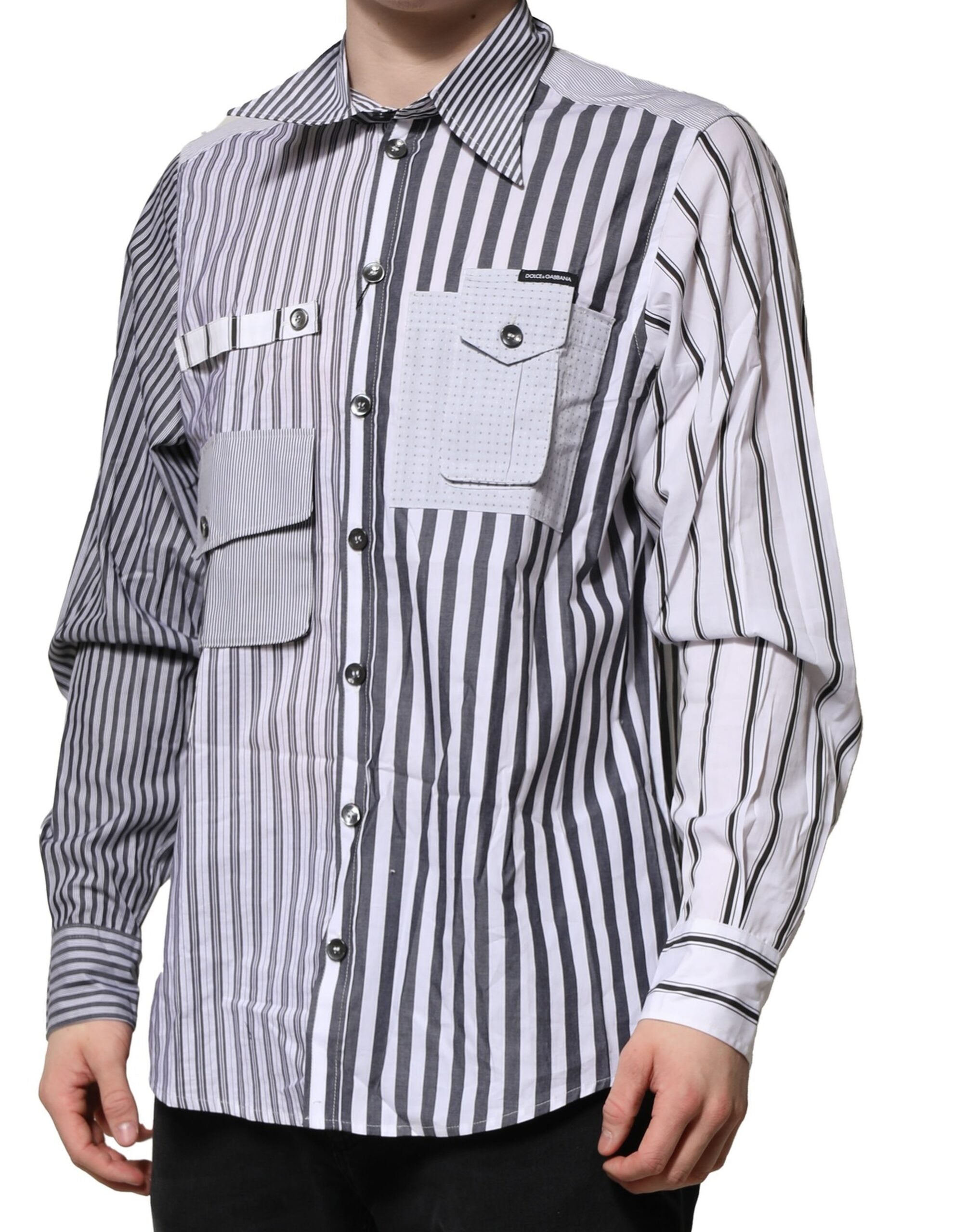 Dolce & Gabbana White Gray Striped Cotton Men Casual Men's Shirt