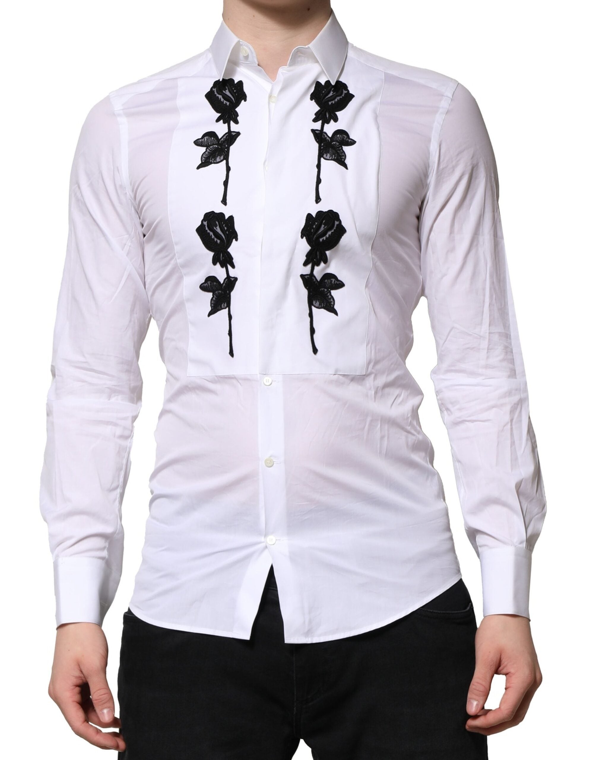 Dolce & Gabbana White Floral Embroidery Men GOLD Formal Men's Shirt (Pre-Owned)