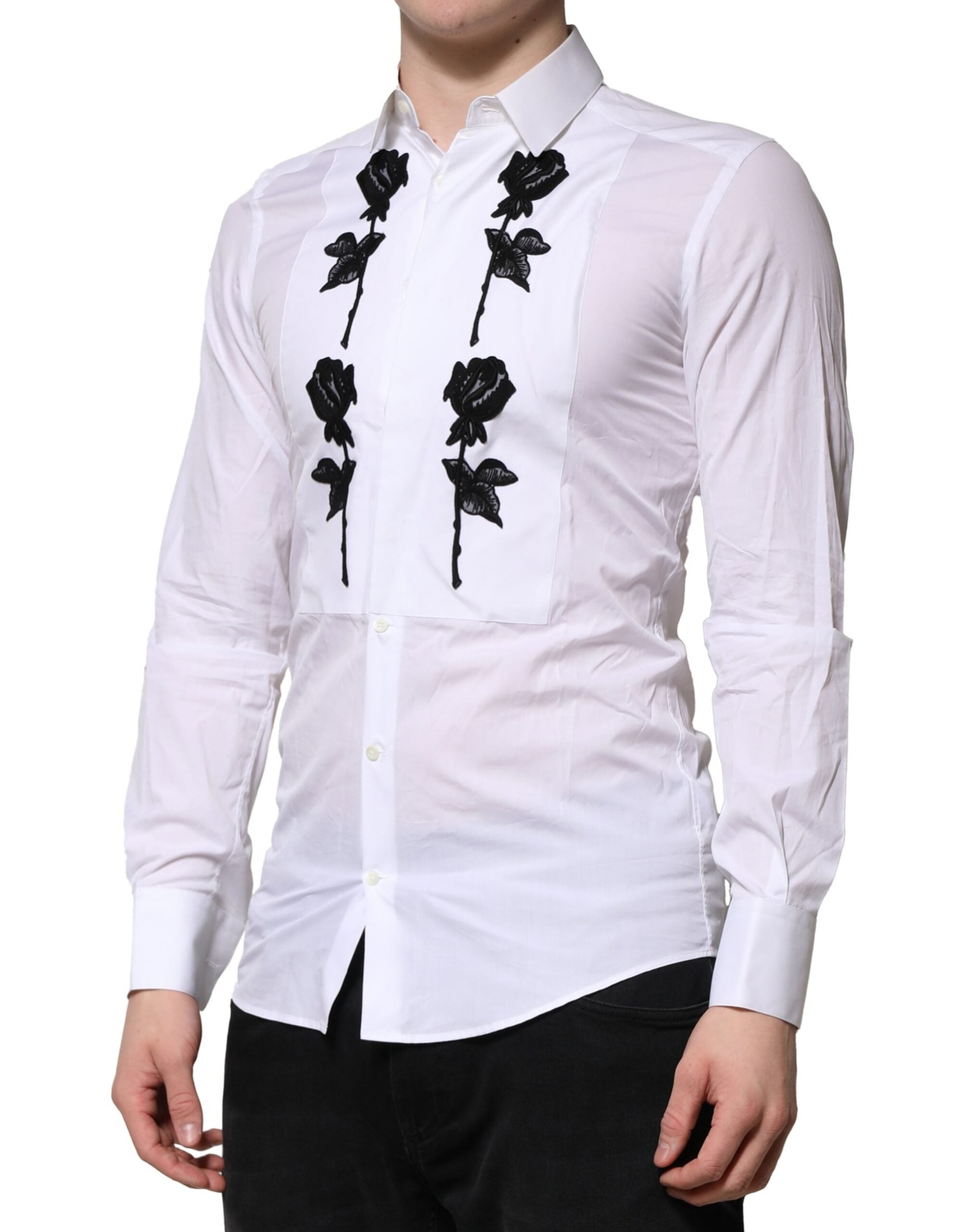 Dolce & Gabbana White Floral Embroidery Men GOLD Formal Men's Shirt (Pre-Owned)
