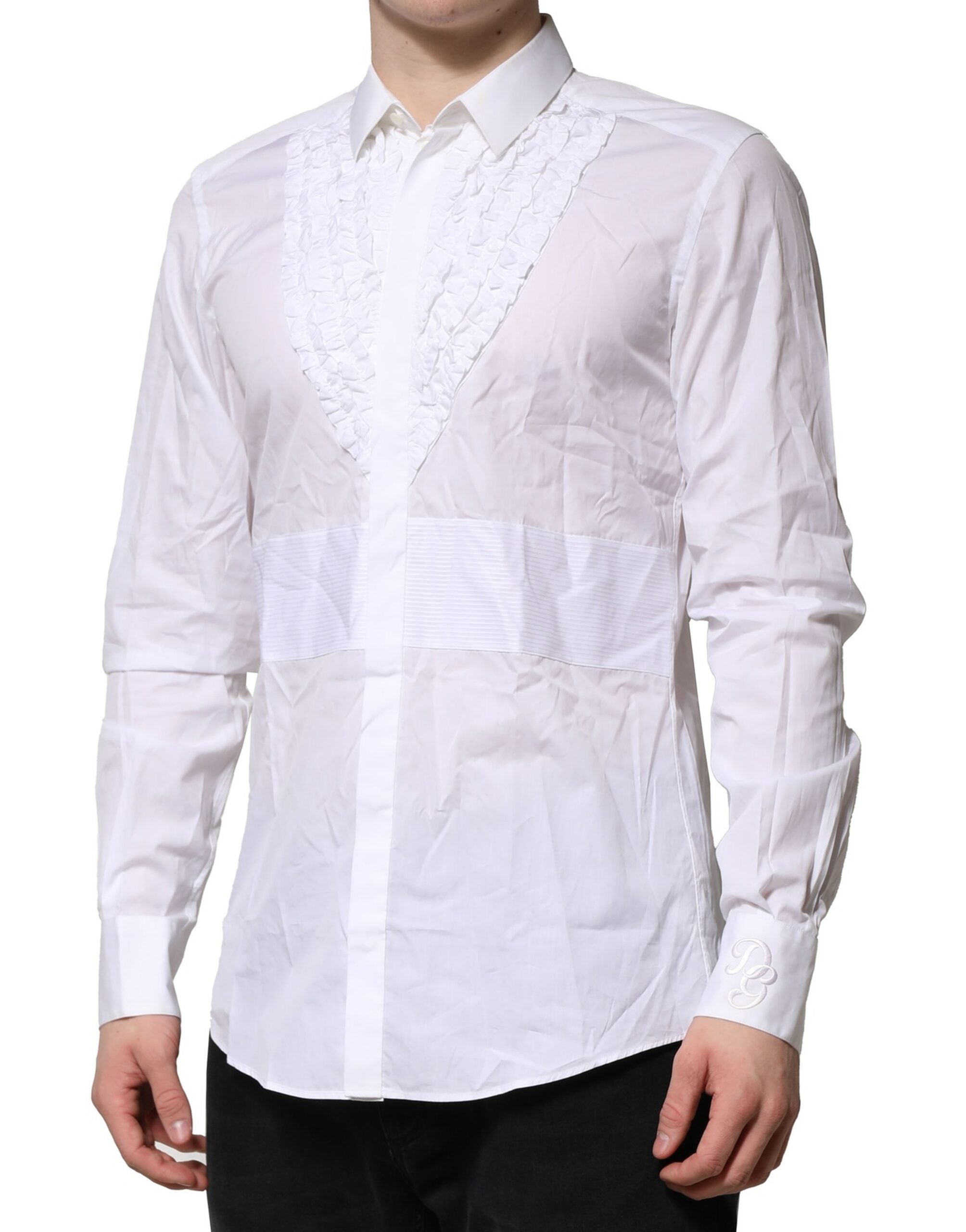 Dolce & Gabbana White Cotton Ruffled Detailing Formal Men's Shirt (Pre-Owned)