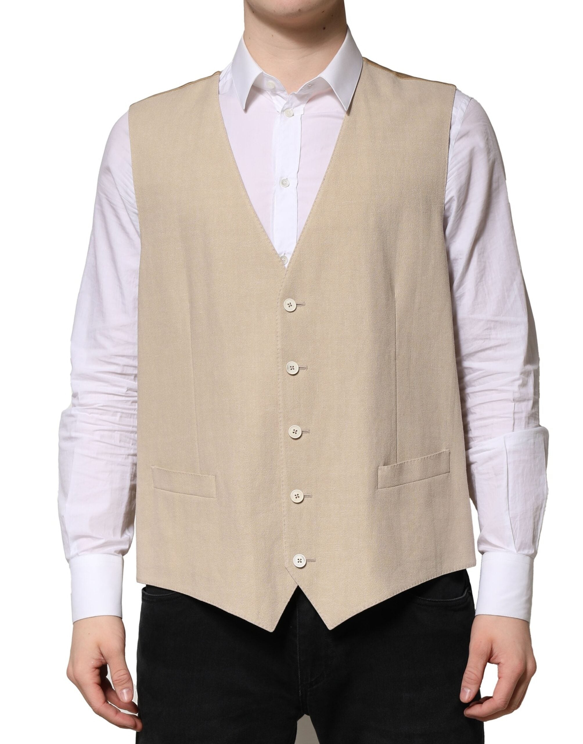 Dolce & Gabbana Beige Linen Dress Formal Men Waistcoat Men's Vest