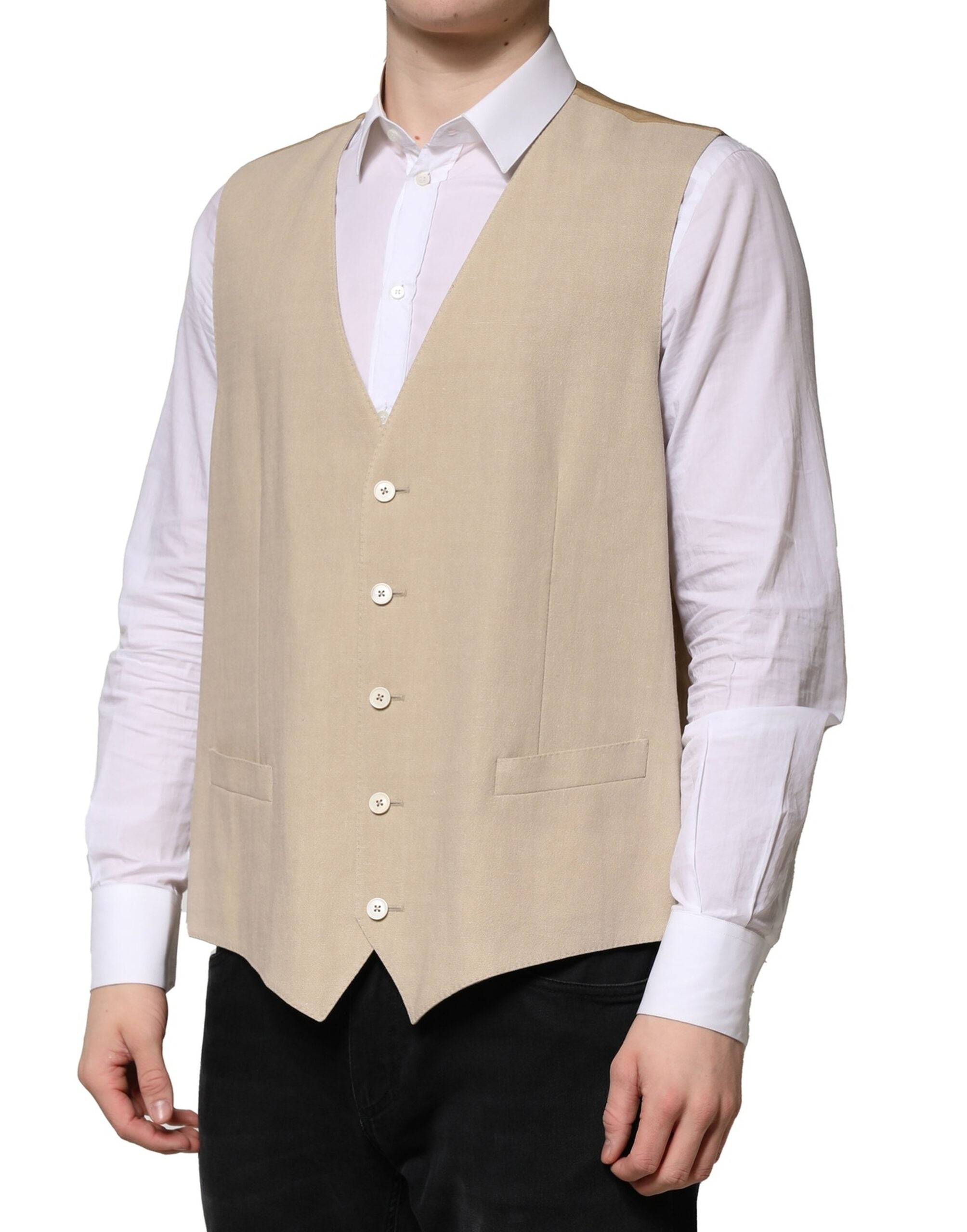Dolce & Gabbana Beige Linen Dress Formal Men Waistcoat Men's Vest