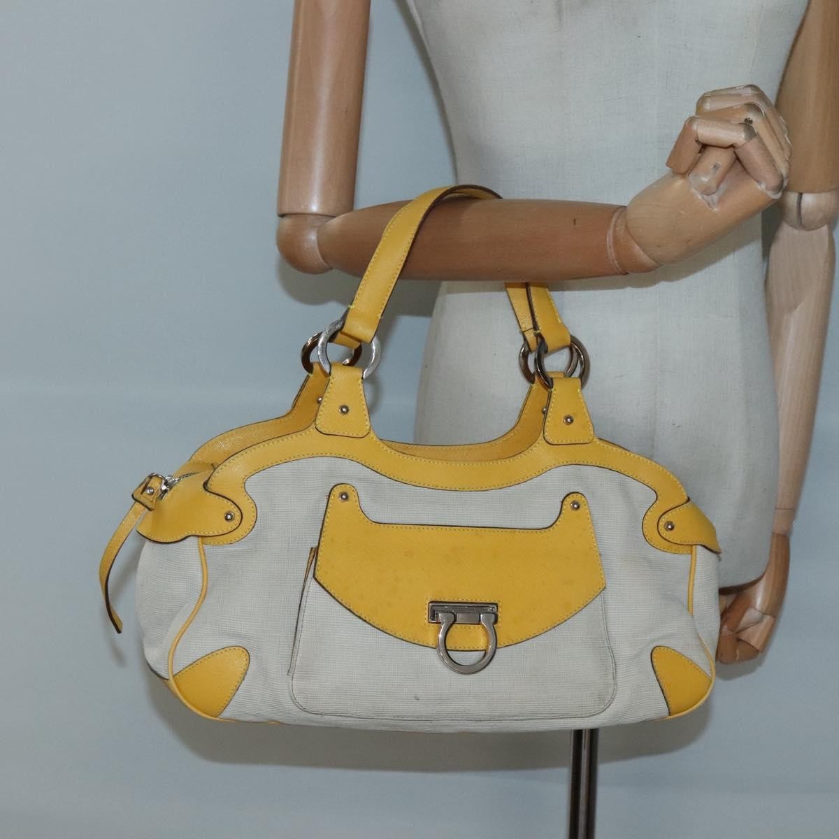 Salvatore Ferragamo Gancini Canvas And Leather Yellow Canvas Handbag (Pre-Owned)