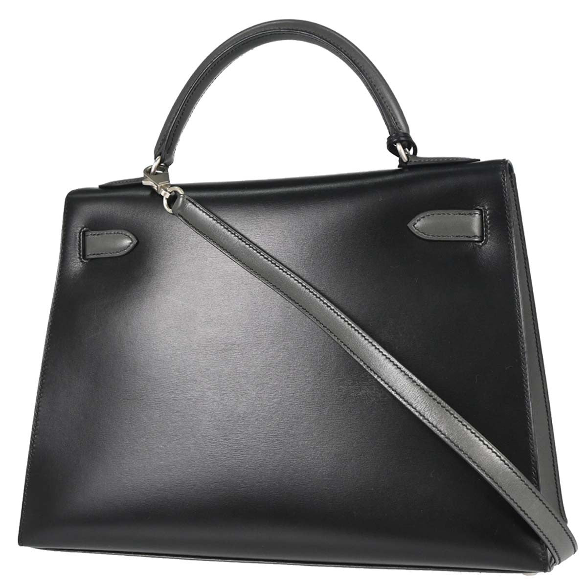 Hermes Kelly Black Box Calf With Palladium Hardware Black Leather Handbag (Pre-Owned)