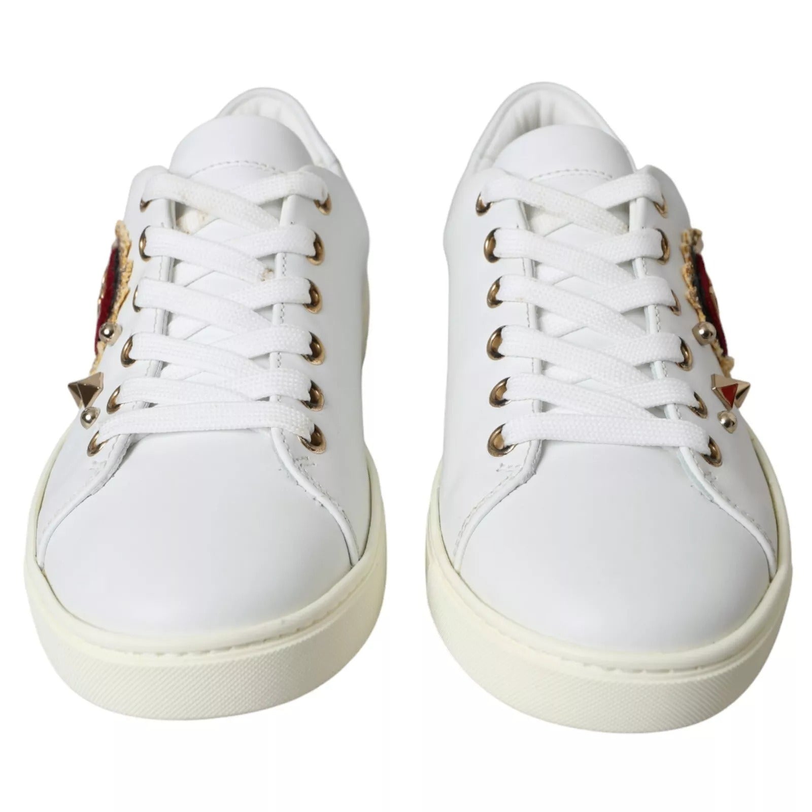 Dolce & Gabbana White Leather Gold Red Heart Sneakers Women's Shoes