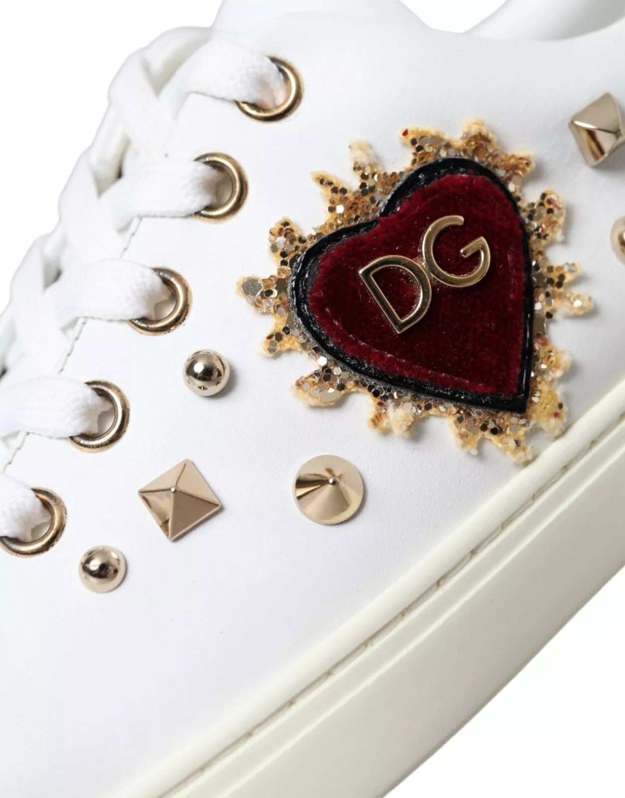 Dolce & Gabbana White Leather Gold Red Heart Sneakers Women's Shoes