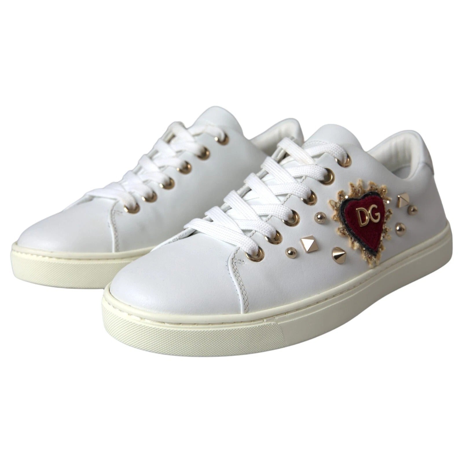 Dolce & Gabbana White Leather Gold Red Heart Sneakers Women's Shoes