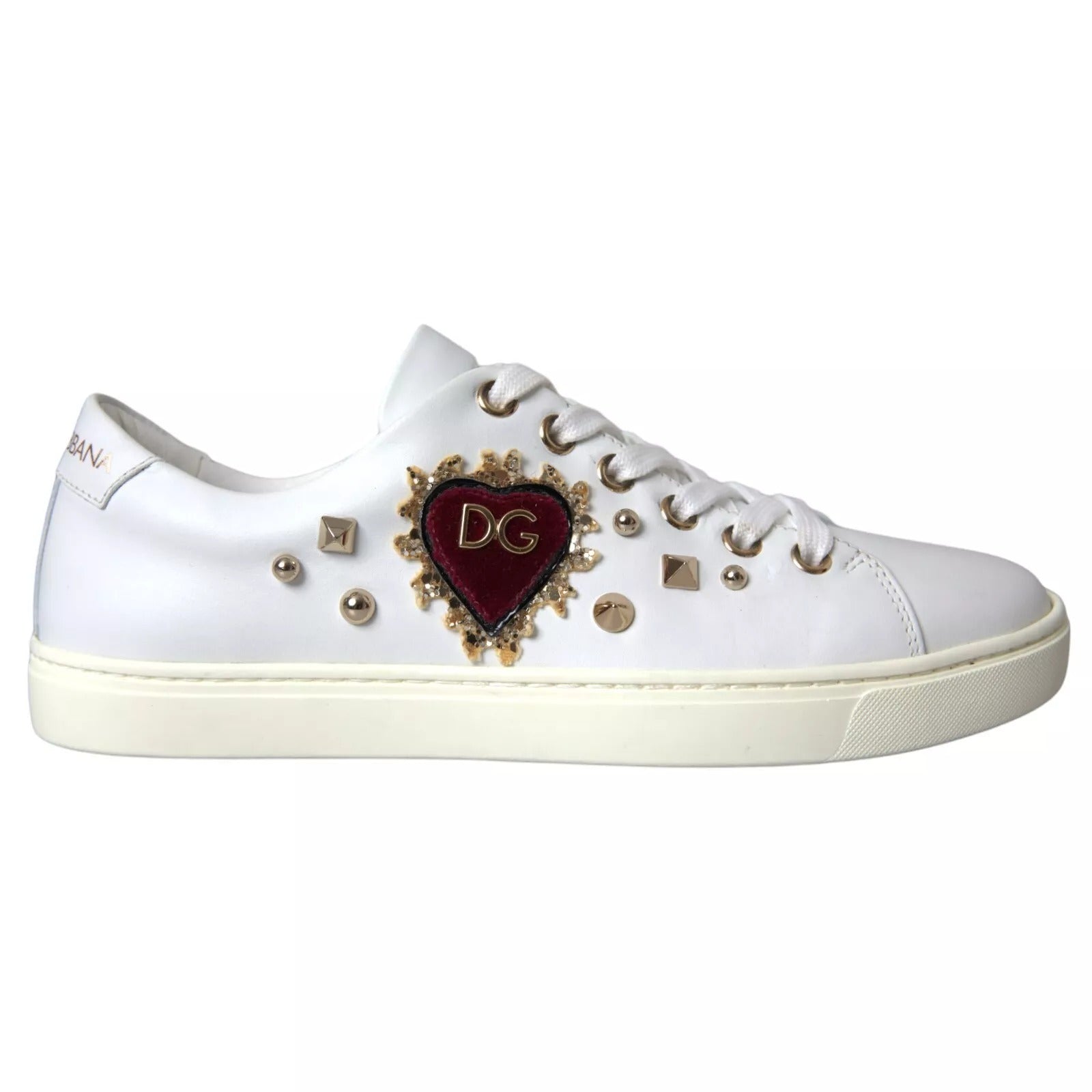 Dolce & Gabbana White Leather Gold Red Heart Sneakers Women's Shoes
