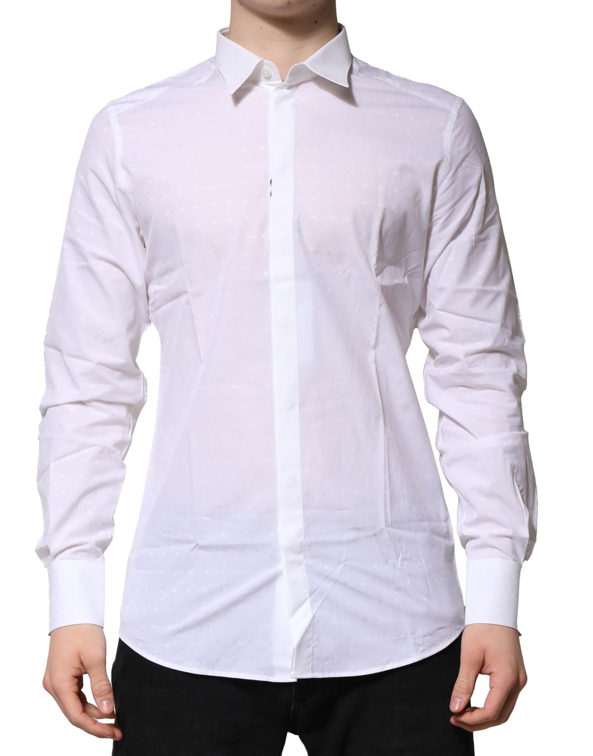 Dolce & Gabbana White Cotton GOLD Long Sleeves Formal Men's Shirt (Pre-Owned)