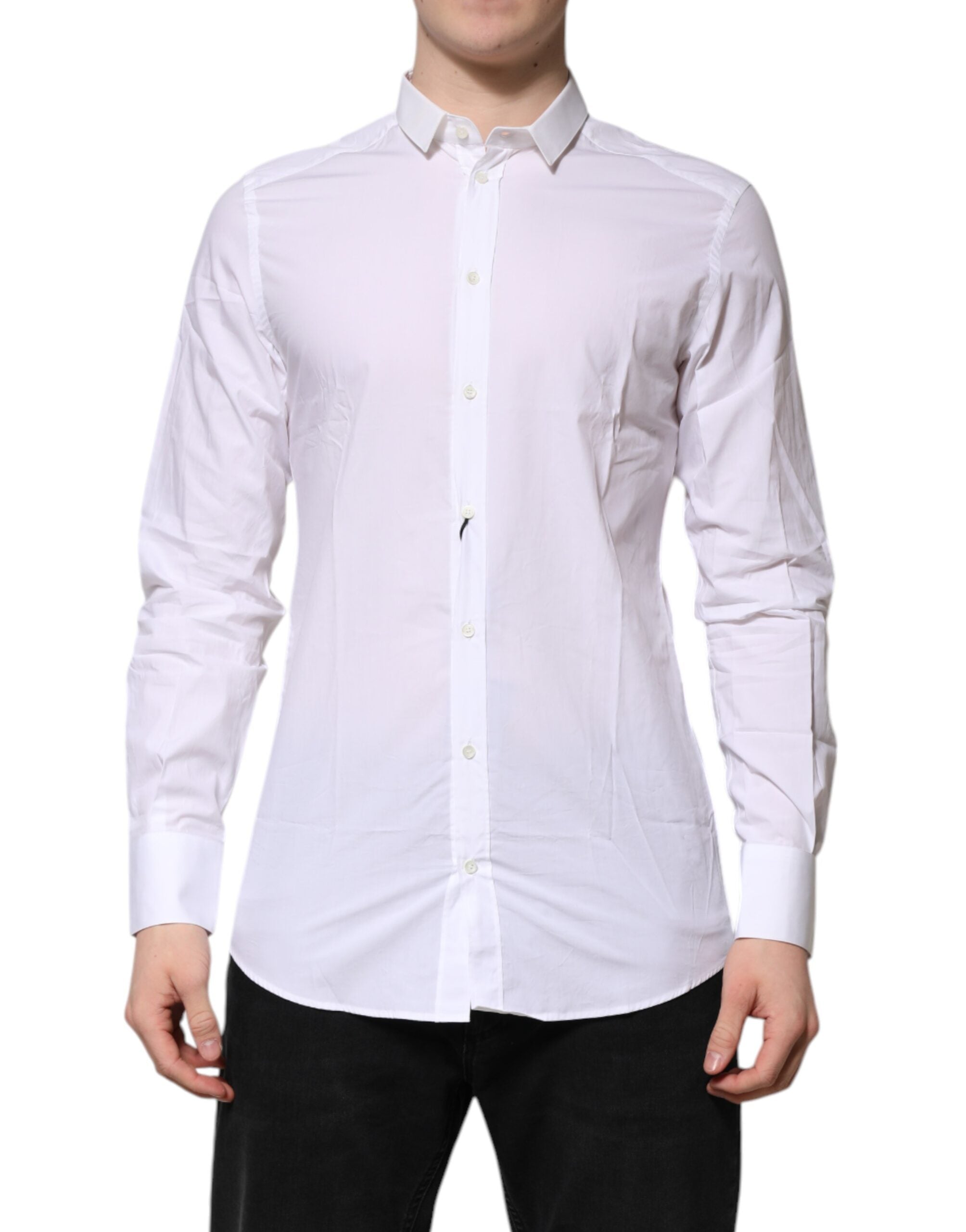 Dolce & Gabbana White Cotton GOLD Long Sleeves Formal Men's Shirt (Pre-Owned)