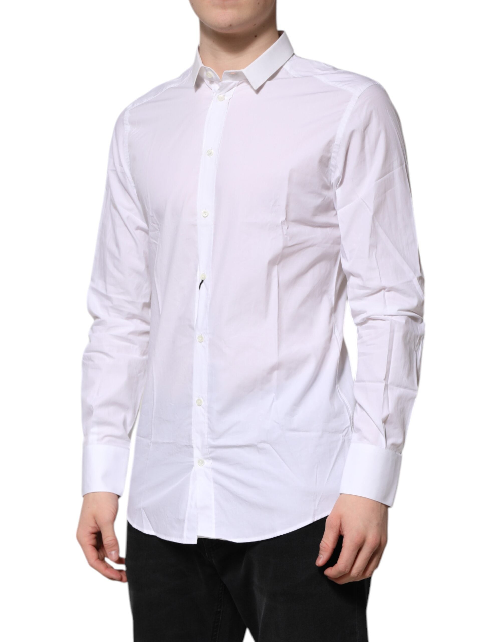 Dolce & Gabbana White Cotton GOLD Long Sleeves Formal Men's Shirt (Pre-Owned)
