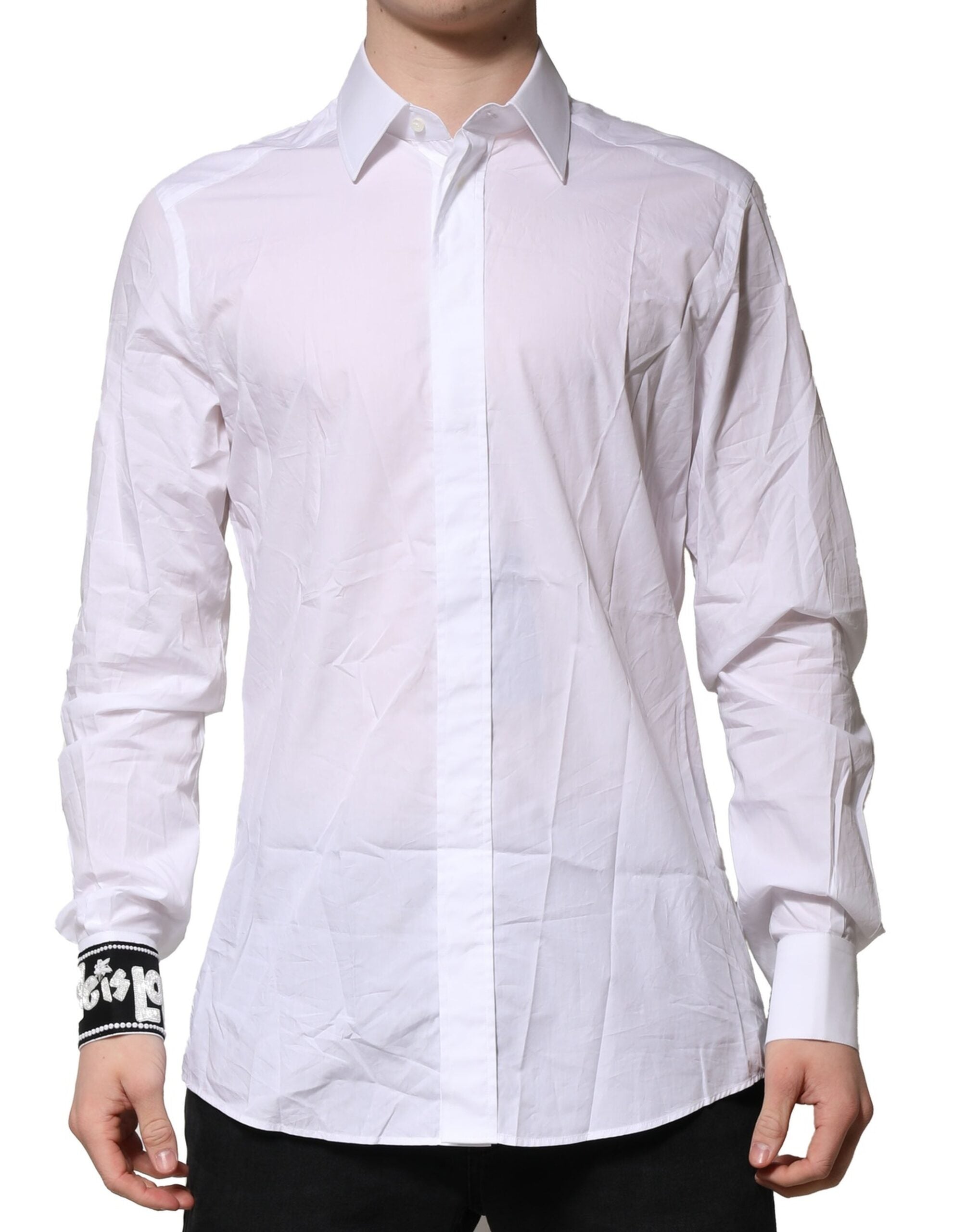 Dolce & Gabbana White Cotton GOLD Long Sleeves Formal Men's Shirt (Pre-Owned)