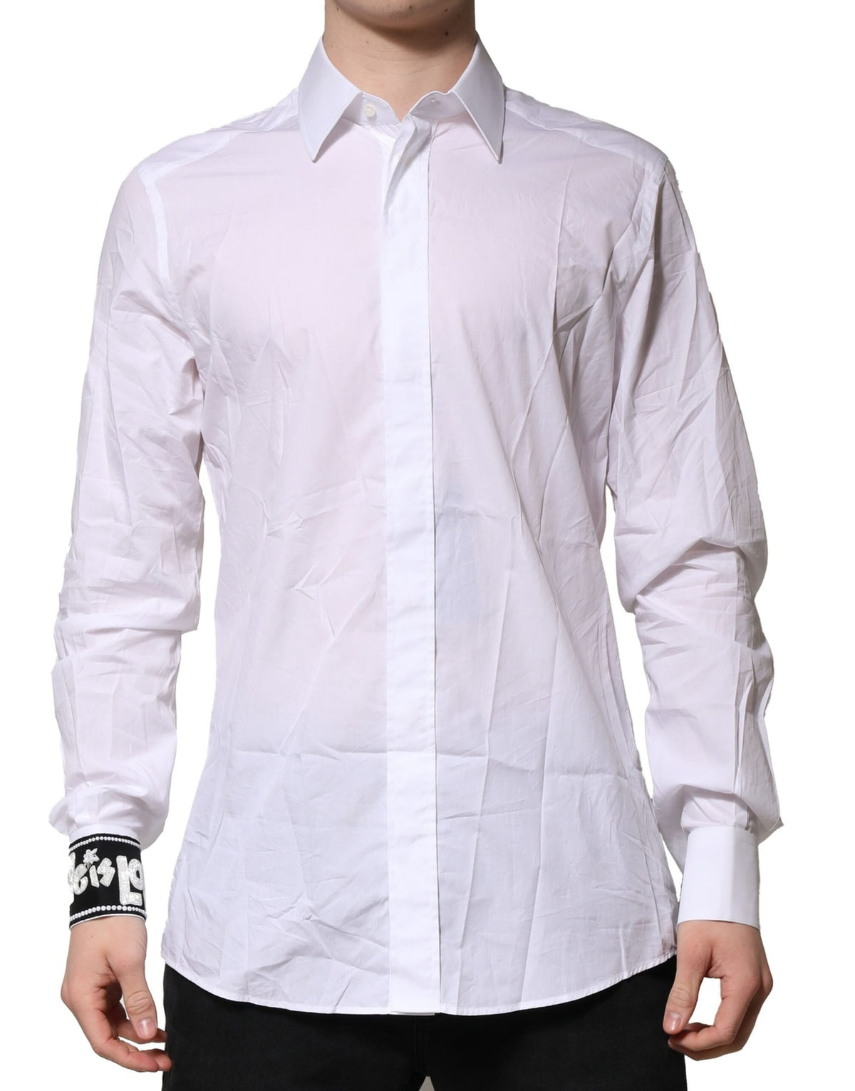 Dolce & Gabbana White Cotton GOLD Long Sleeves Formal Men's Shirt (Pre-Owned)