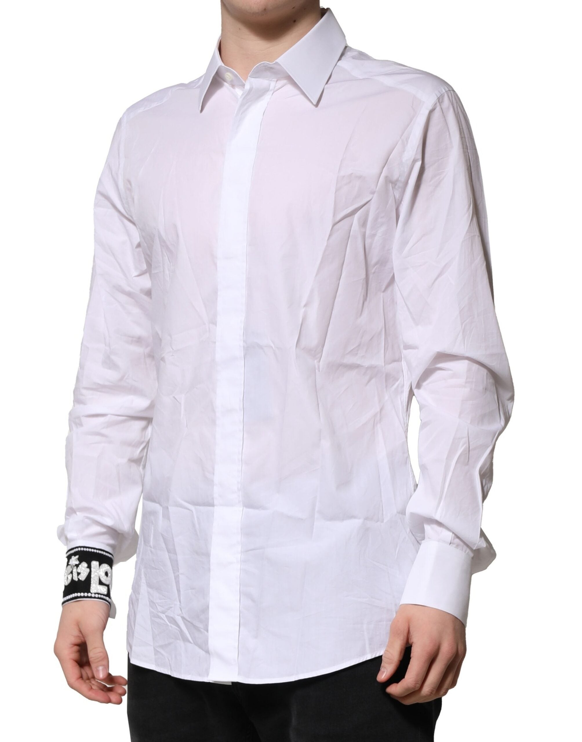 Dolce & Gabbana White Cotton GOLD Long Sleeves Formal Men's Shirt (Pre-Owned)