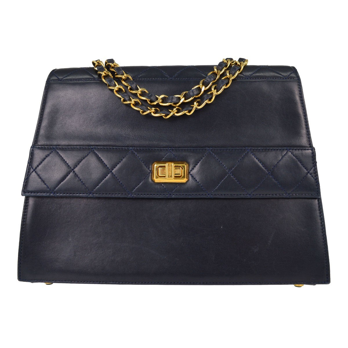 Chanel Vintage Trapezoid Cc Flap Leather Navy Leather Handbag (Pre-Owned)