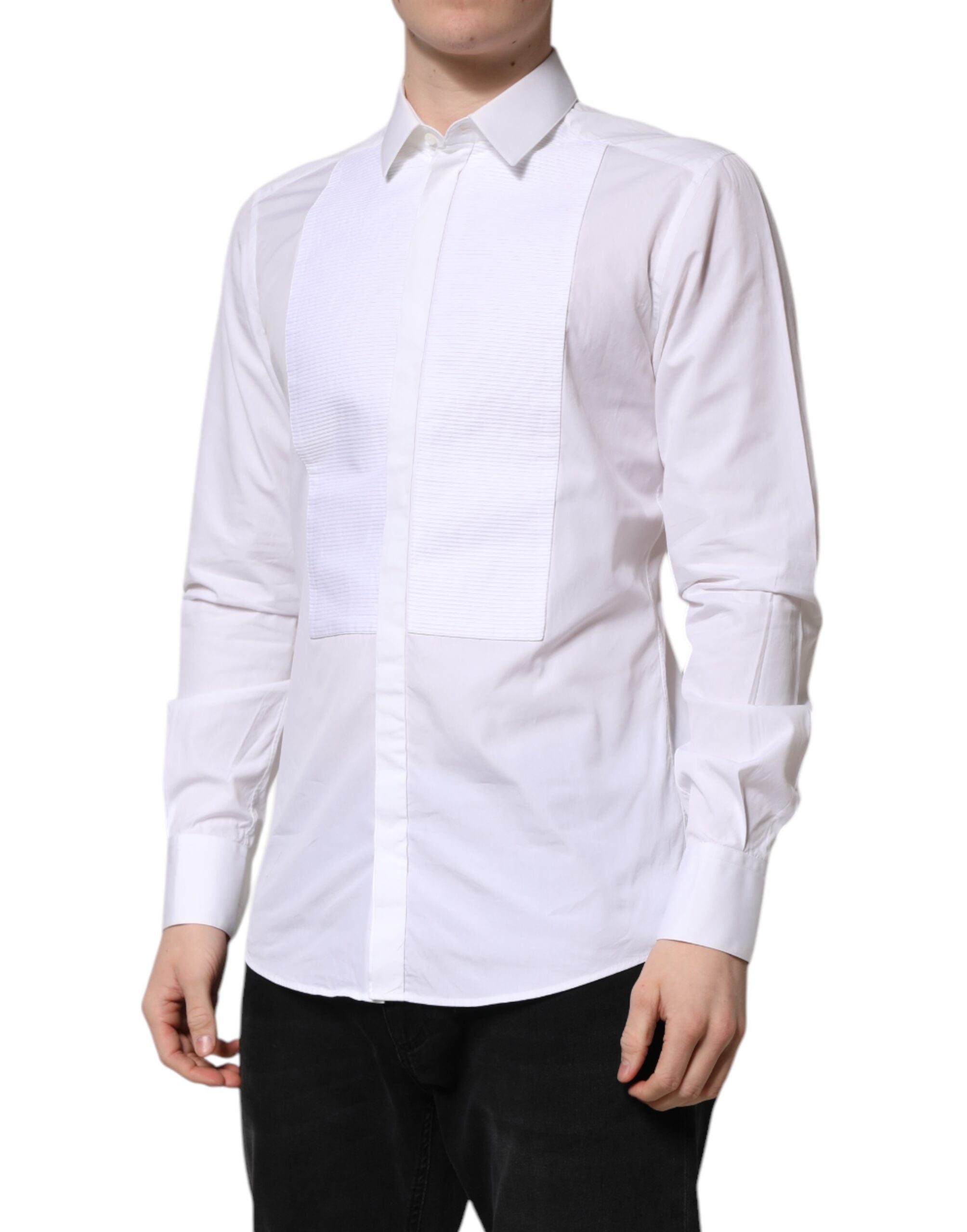 Dolce & Gabbana White GOLD Cotton Bib Dress Formal Men's Shirt (Pre-Owned)