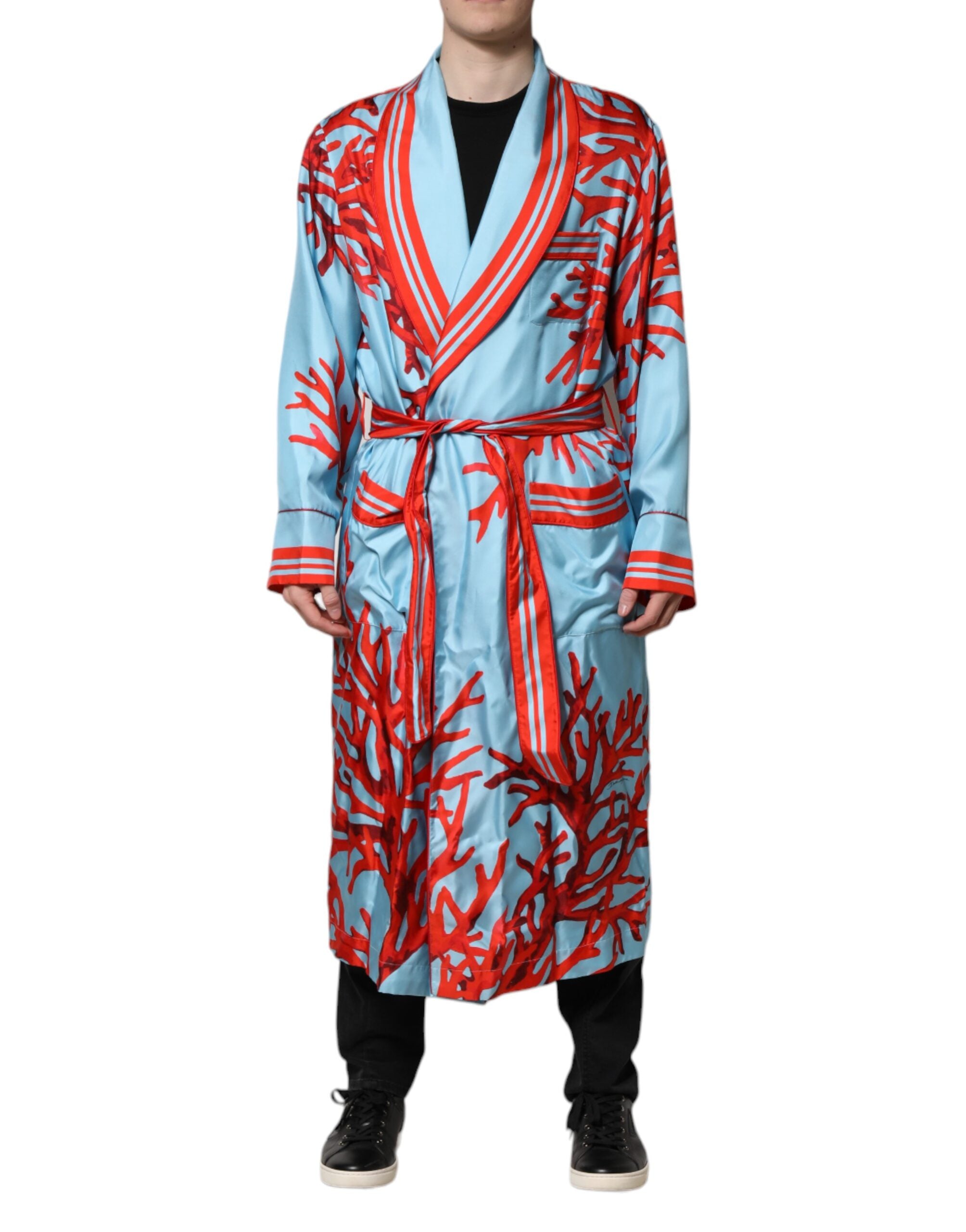 Dolce & Gabbana Blue Red Coral Print Wrap Robe Coat Men's Jacket