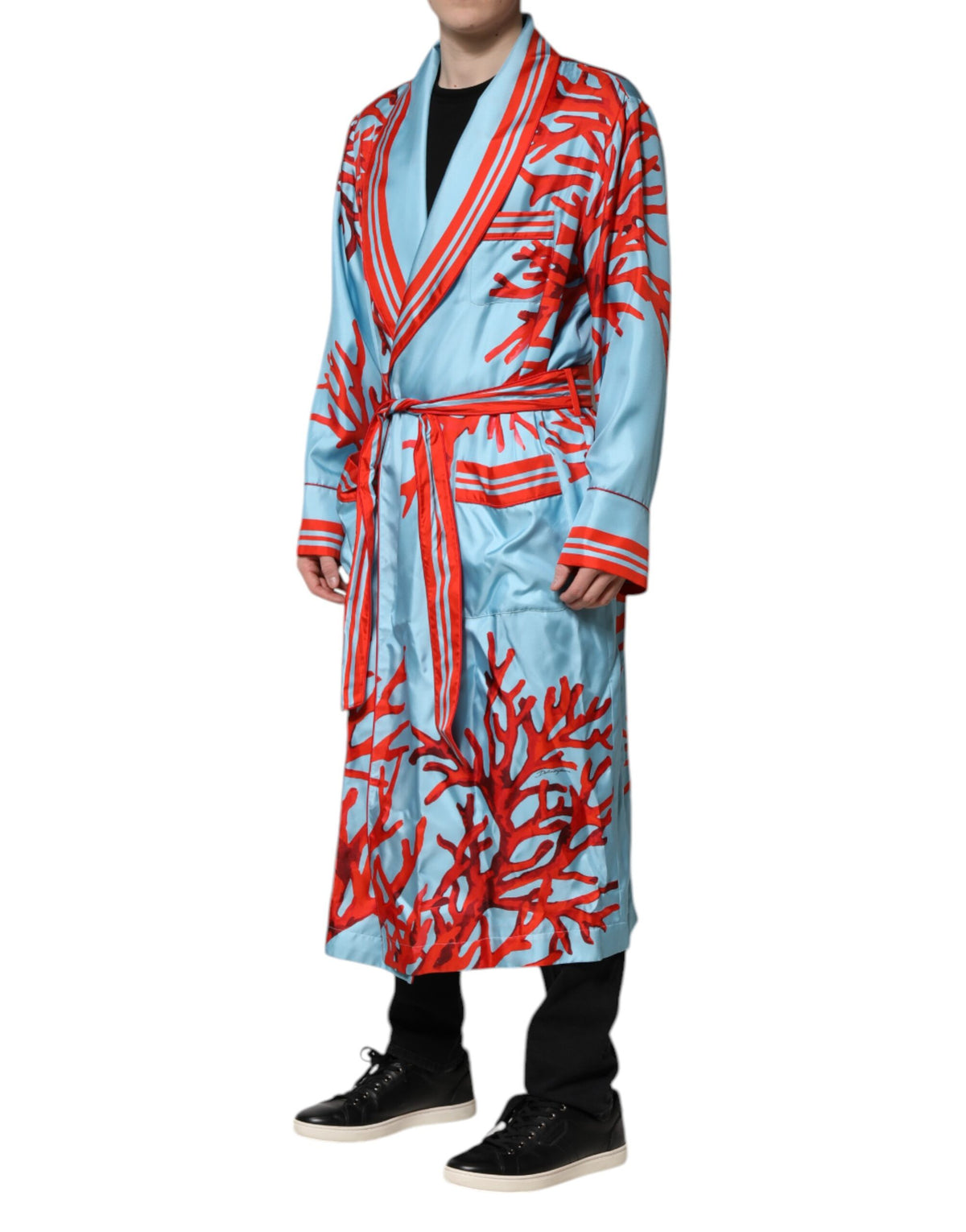Dolce & Gabbana Blue Red Coral Print Wrap Robe Coat Men's Jacket