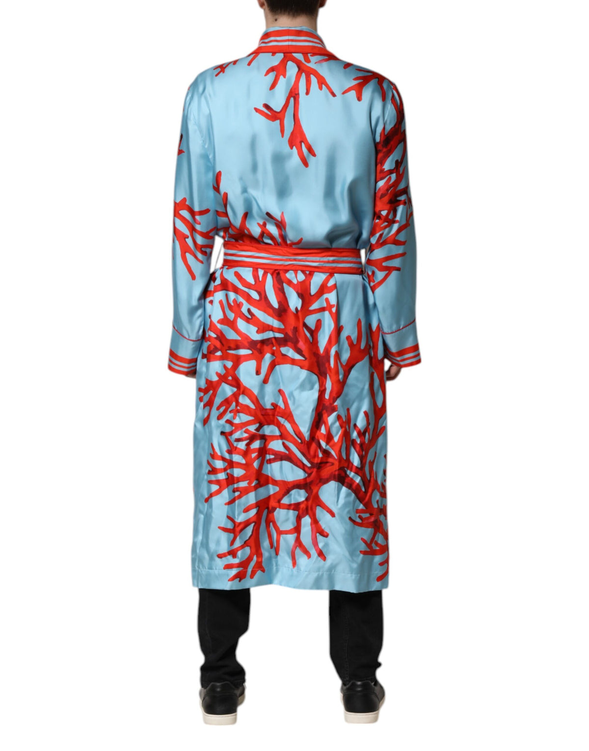 Dolce & Gabbana Blue Red Coral Print Wrap Robe Coat Men's Jacket