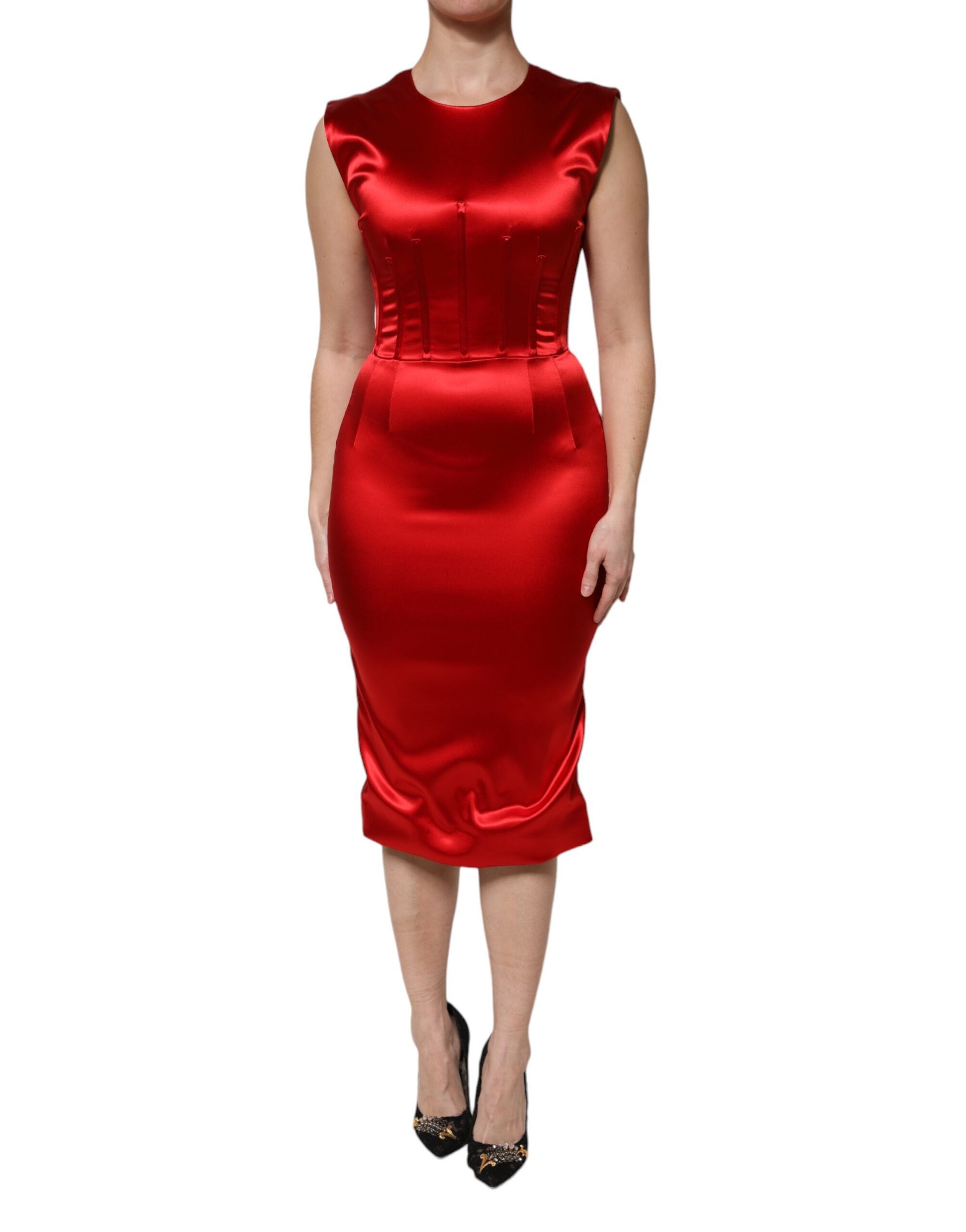 Dolce & Gabbana Red Acetate Sleeveless Sheath Midi Women's Dress (Pre-Owned)
