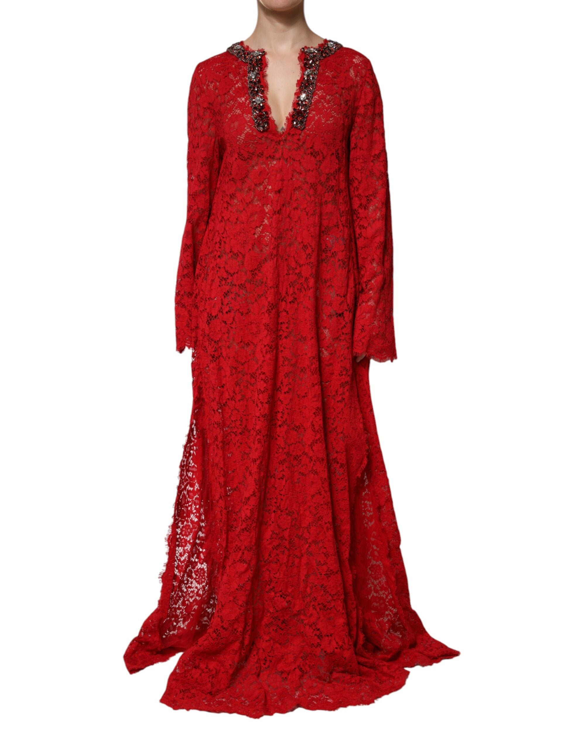 Dolce & Gabbana Red Floral Lace Rhinestone Embellished Women's Dress