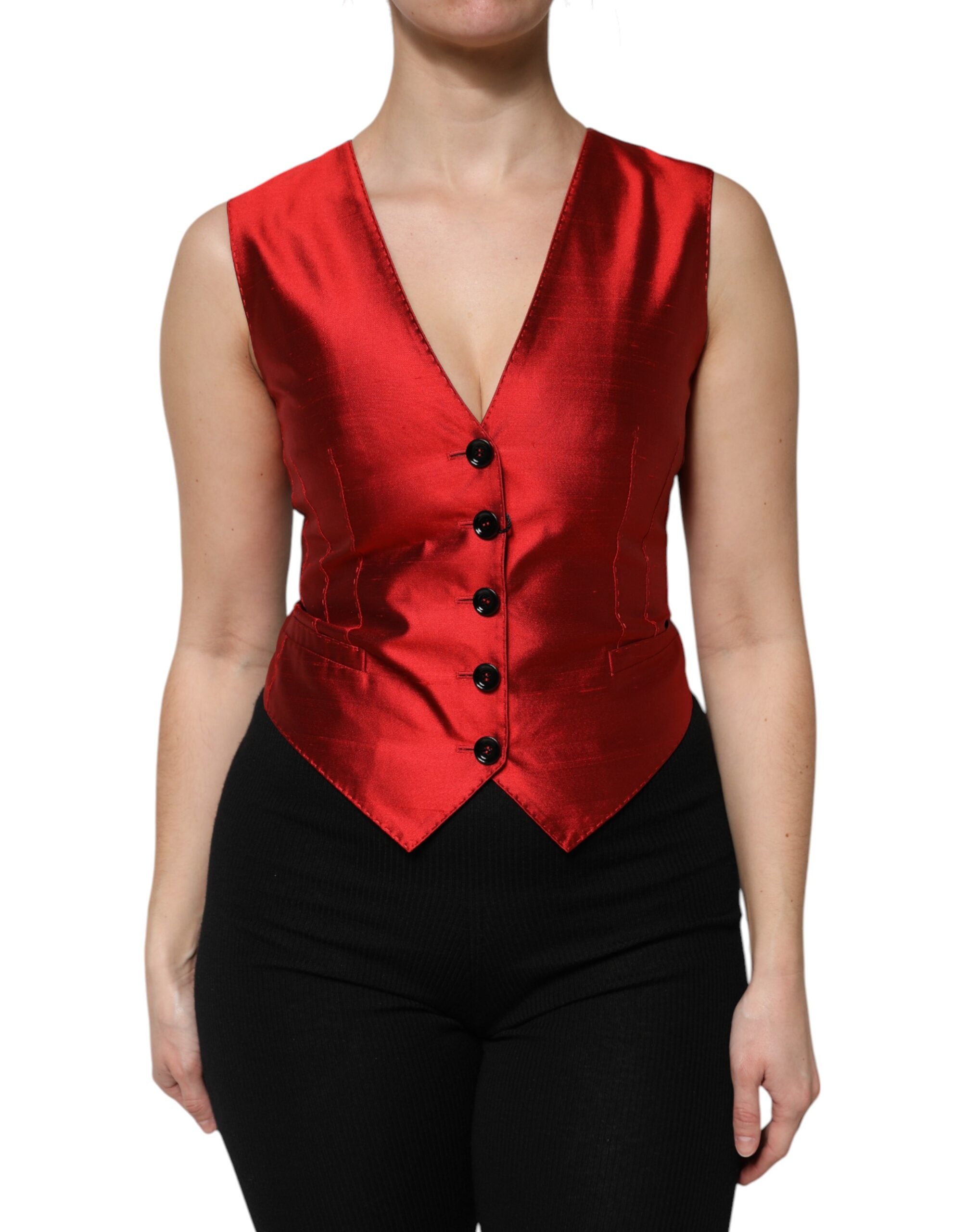 Dolce & Gabbana Red Black Button Down Sleeveless Vest Women's Top