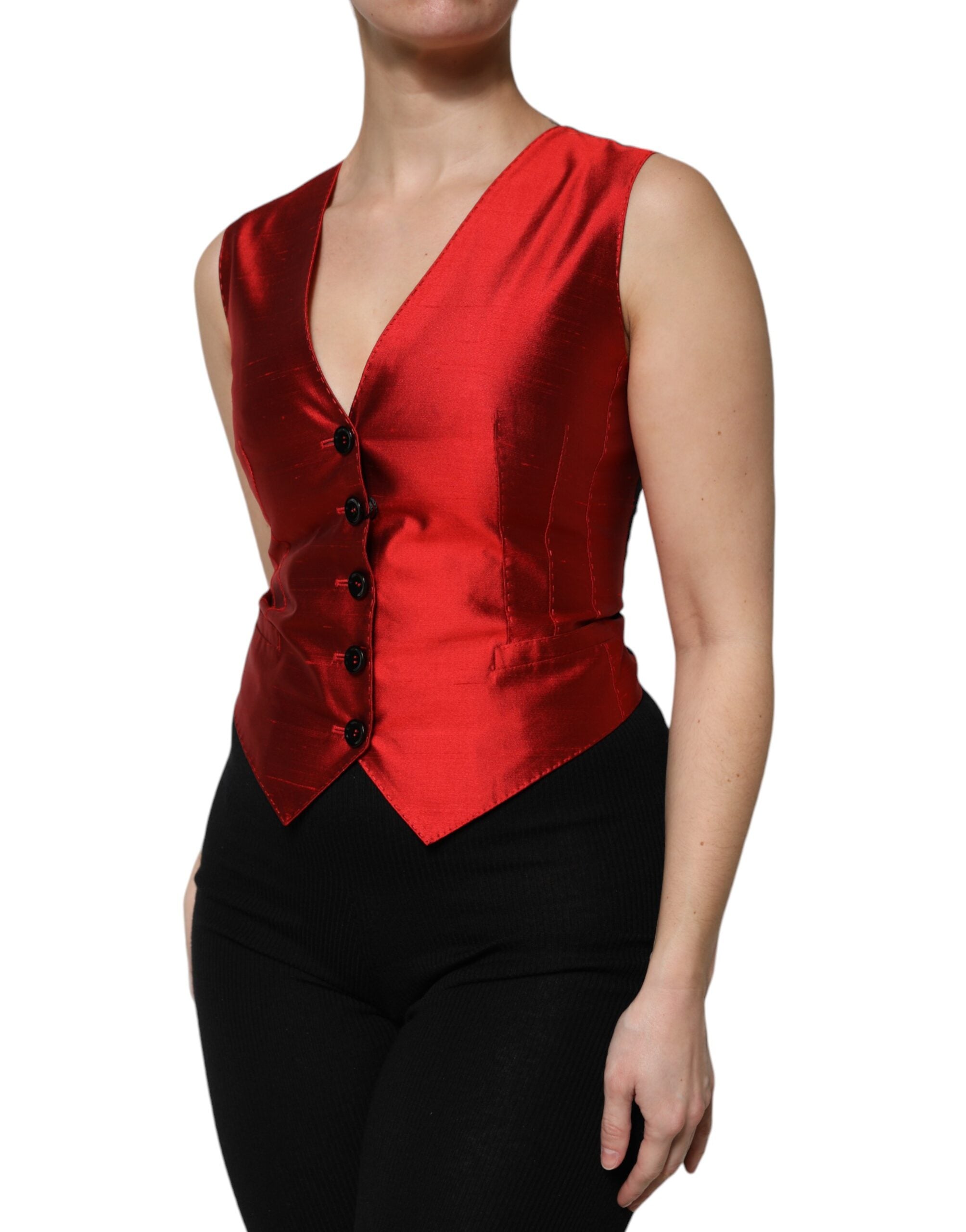 Dolce & Gabbana Red Black Button Down Sleeveless Vest Women's Top