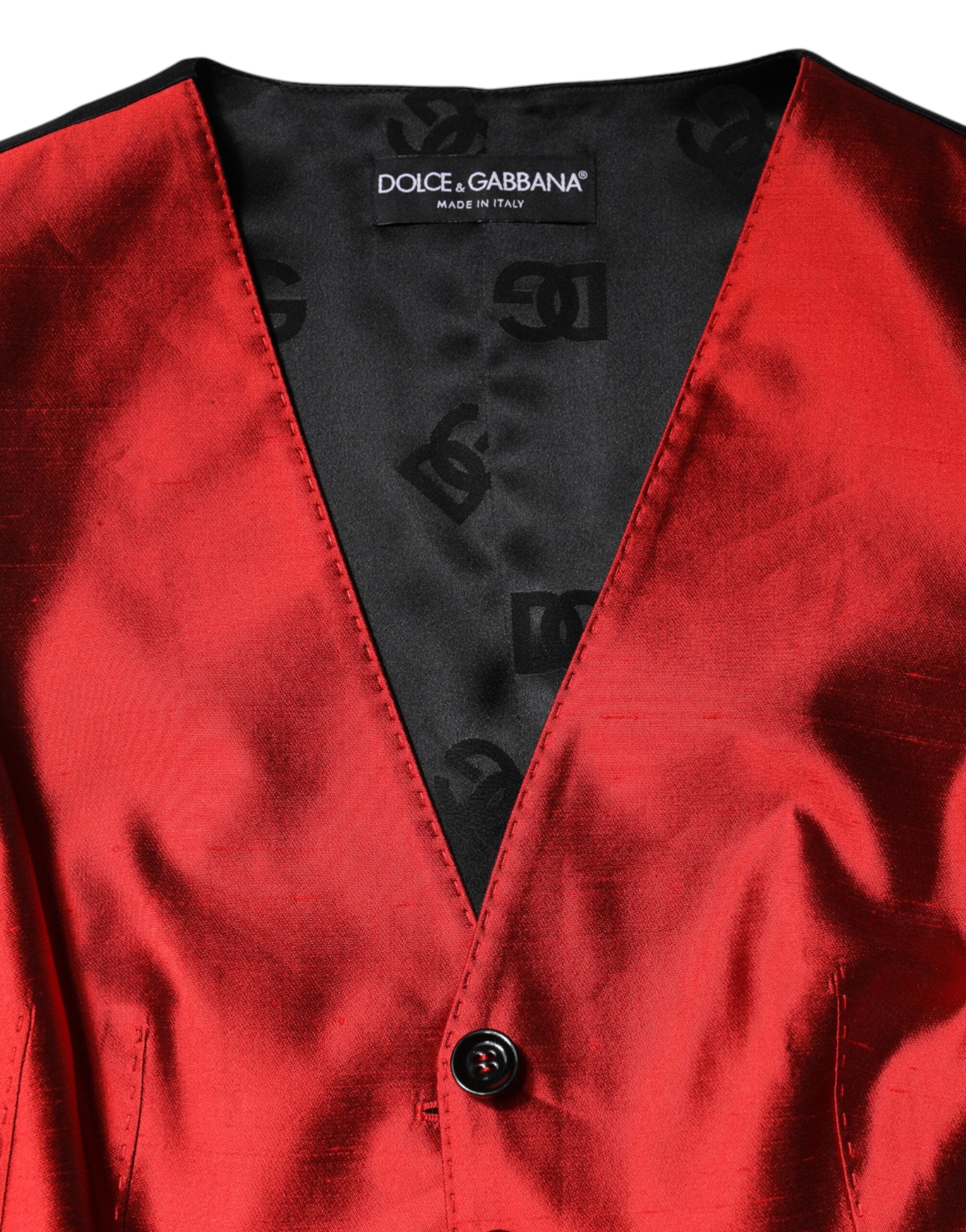 Dolce & Gabbana Red Black Button Down Sleeveless Vest Women's Top