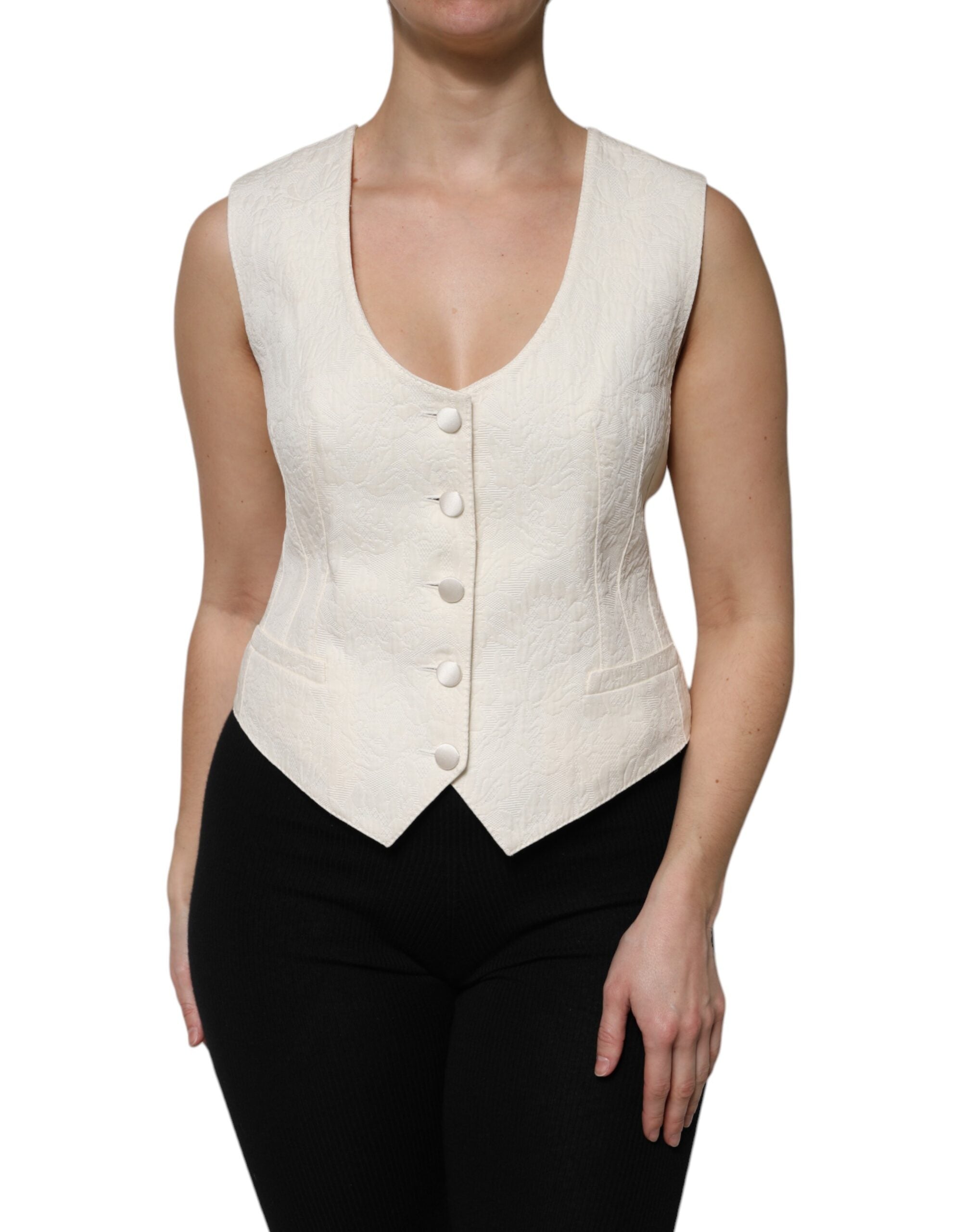 Dolce & Gabbana Ivory Cotton Button Down Sleeveless Vest Women's Top
