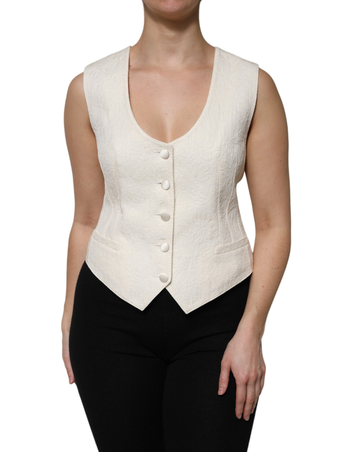 Dolce & Gabbana Ivory Cotton Button Down Sleeveless Vest Women's Top