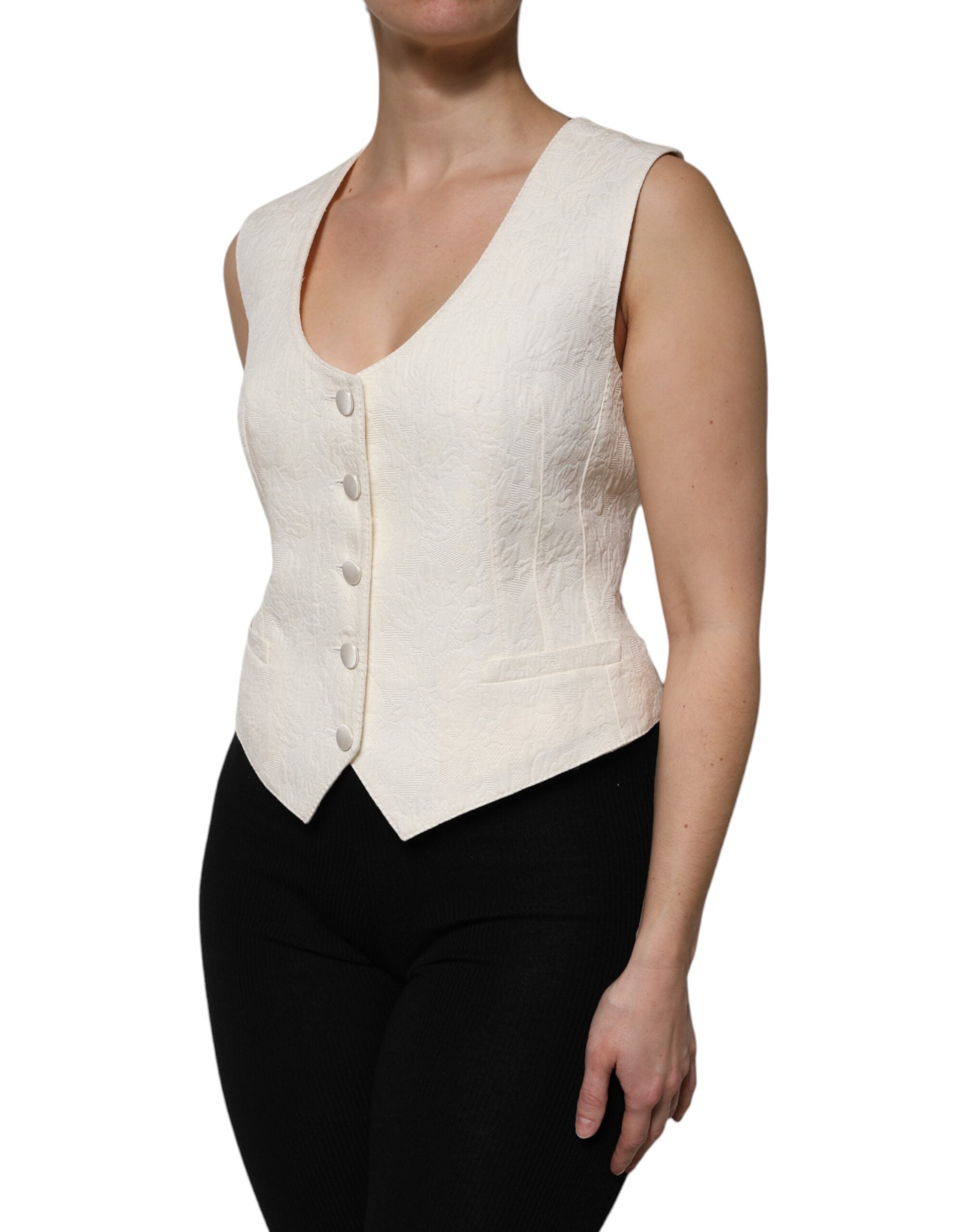 Dolce & Gabbana Ivory Cotton Button Down Sleeveless Vest Women's Top
