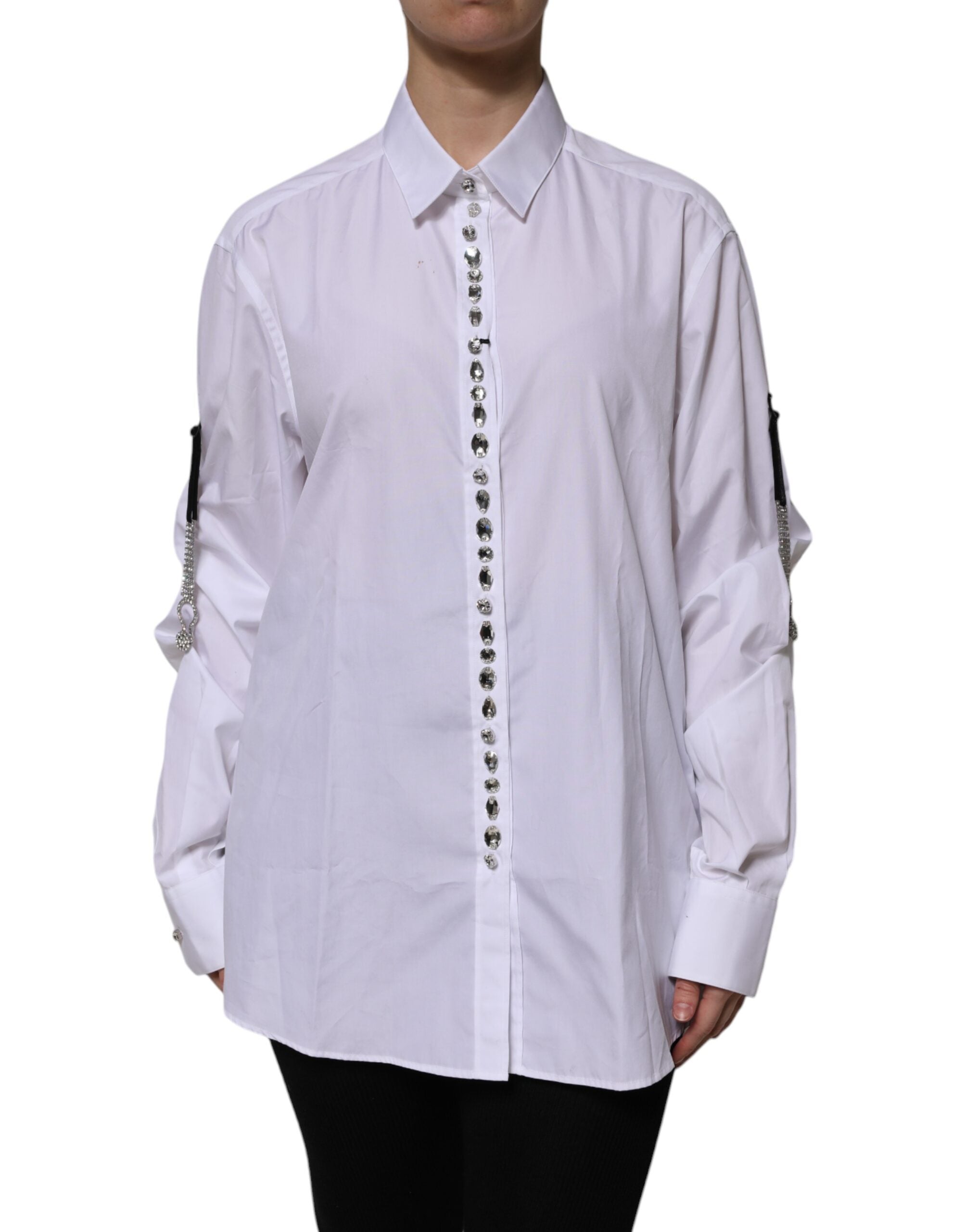Dolce & Gabbana White Rhinestone Embellish Long Sleeves Women's Top (Pre-Owned)